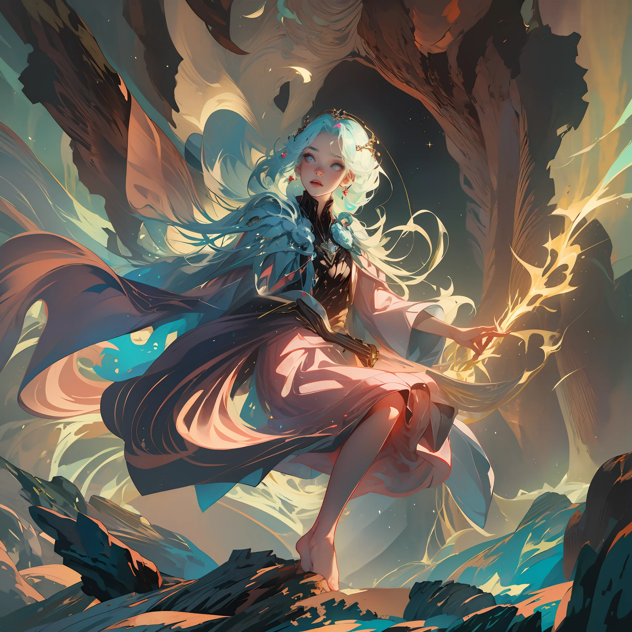 Sexy female barefoot summoner levitated on blonde robe and cloaked arms, Lift over the shattered earth Bright lava light from below the asteroid field (jagged rocks, boulders and debris shot into the air: 1.3) (Gale Dust Debris Storm: 1.1) Volumetric fog ray tracing Z transmits bright light from below, (Masterpiece) (Best Quality) (Detailed) (8K) (Cinematic Lighting) (Sharp Focus) (Complex) --auto --s2