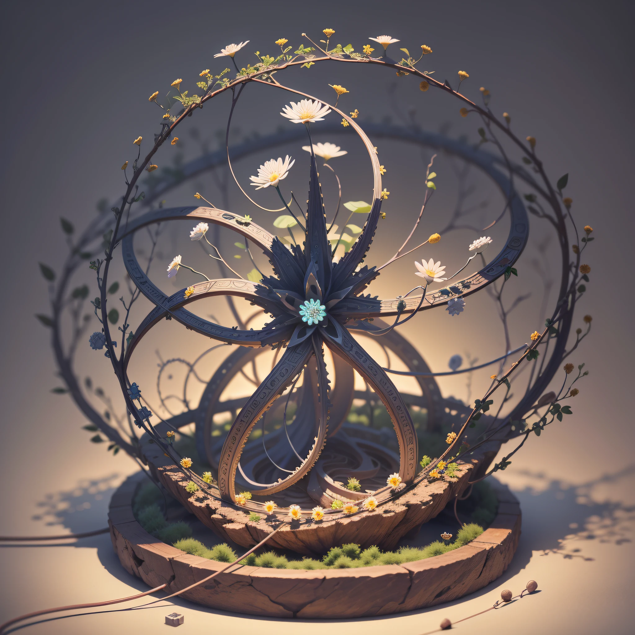 Create a multi-dimensional sculpture that reflects the synergistic coexistence of science and nature. The piece should feature an organic-looking structure resembling a DNA helix made of intertwined branches, with blossoming flowers emerging from every crevice. The flowers' petals should have tiny microscopes instead of pistils, and the stamens should be neurons and synapses. The sculpture's base should be a circuit board-like platform featuring tiny spinning gears made of leaves and tiny LED lights shining through the interstices, giving the piece a steampunk feel.