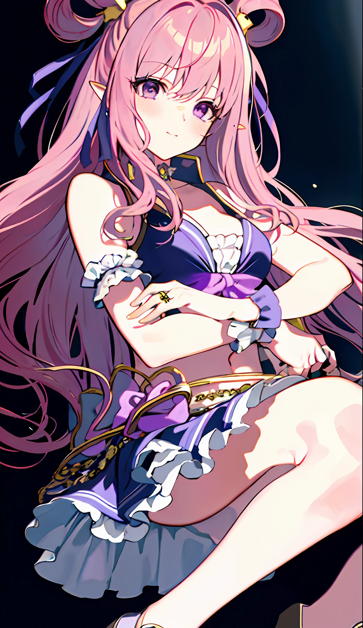 Front facing, masterpiece, highest quality, 8K animation, detailed fingers, precise fingers, not unnatural hands, illustration, 1 girl, solo, sagging eyes, rings in hair, long pink hair, purple bikini bra, mini skirt with white ruffles, white gloves, large purple eyes, yellow bonbons on both hands, Hatsune, kind gaze,