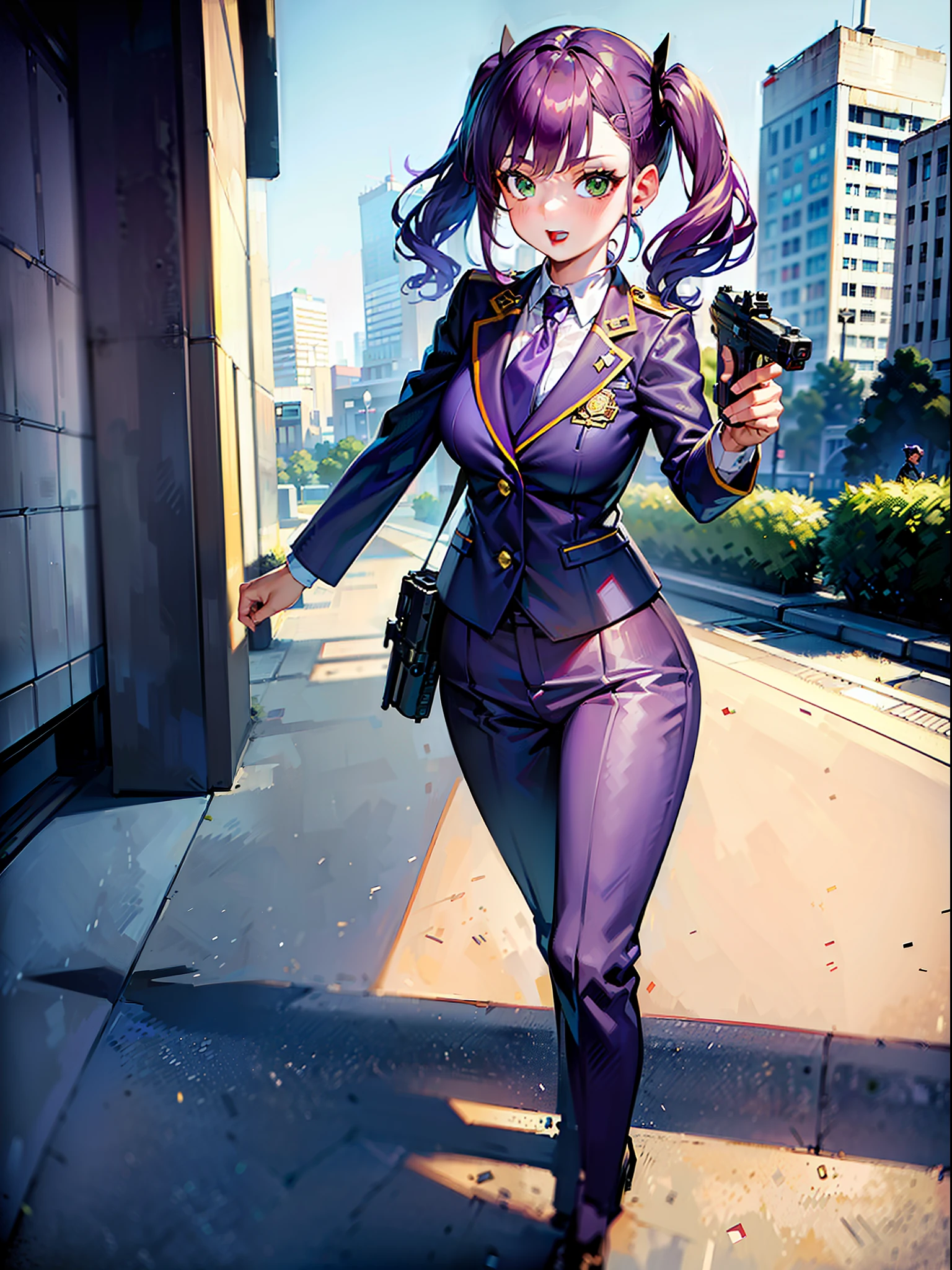 ((masterpiece)), ((best quality)), ((highres)), 1girl, solo, police officer, (matching pants, slacks), city backdrop, (holding and aiming pistol, detailed pistol, glock 22, trigger discipline), standing, medium hair, (purple hair, twintails), (green eyes),