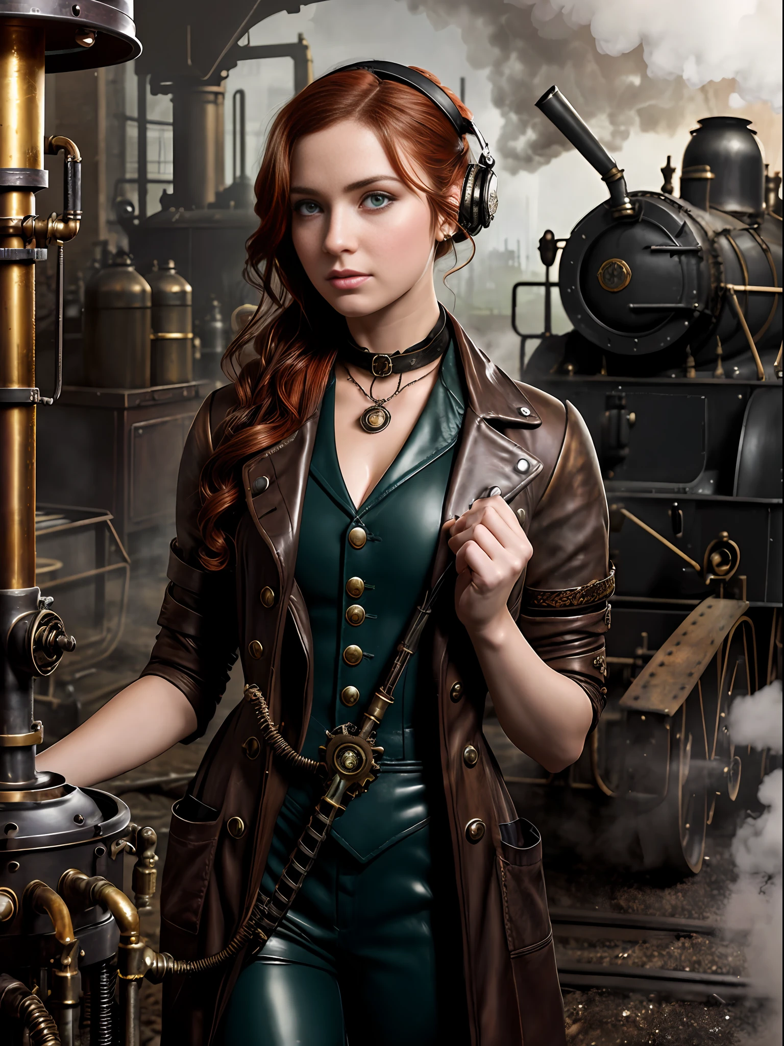 photorealistic, perfect anatomy, realistic character, hyper photorealism, very high contrast photograph, street photography, cinematic lighting, dramatic lighting, (((a girl is repairing a steam engine in the steamy smoky workshop))), (a 19 yo girl, (Ana de Armas:0.70), (redhead:1.1)), very cute, (perfect eyes:1.1), photorealistic wavy hair, a girl in a steampunk jumpsuit in light gray color, intercom headset, steampunk choker, long leather boots, perfect detailed face, detailed symmetric green eyes with circular iris, fixing a steam engine in the steampunk garage filled with steam and smoke, cogs and gears, steamy background with lots of steam pipes and steam valves and pressure gauges and gears, intricate background, very highly detailed costume, very highly detailed background, steampunk fantasy style, steampunk , steampunk aesthetic, steamy, smoky