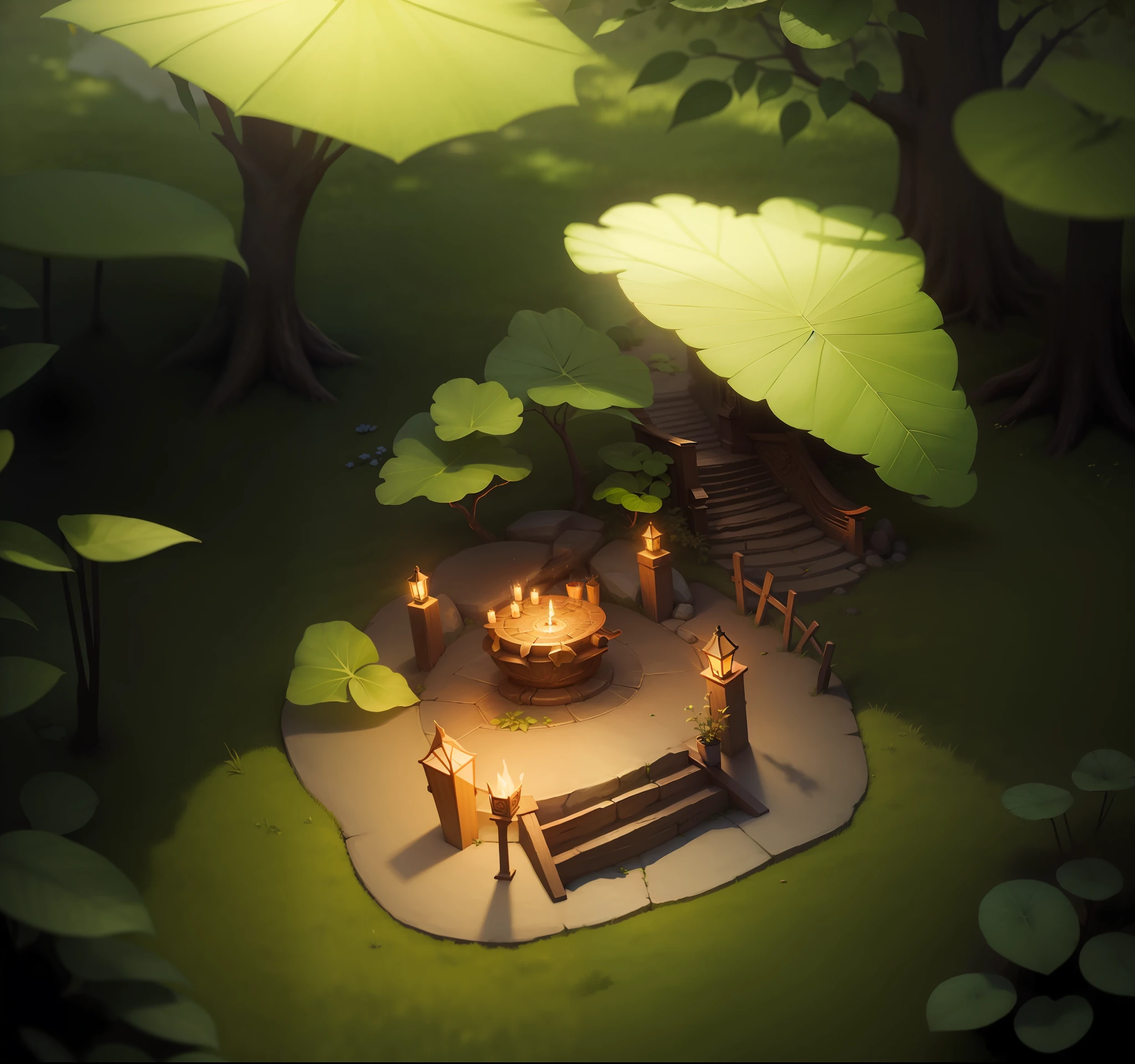 Small scenes, enchantment table, altar, tree, flag, grass, torch, steps, stone, high quality, HD, details complement --auto --s2