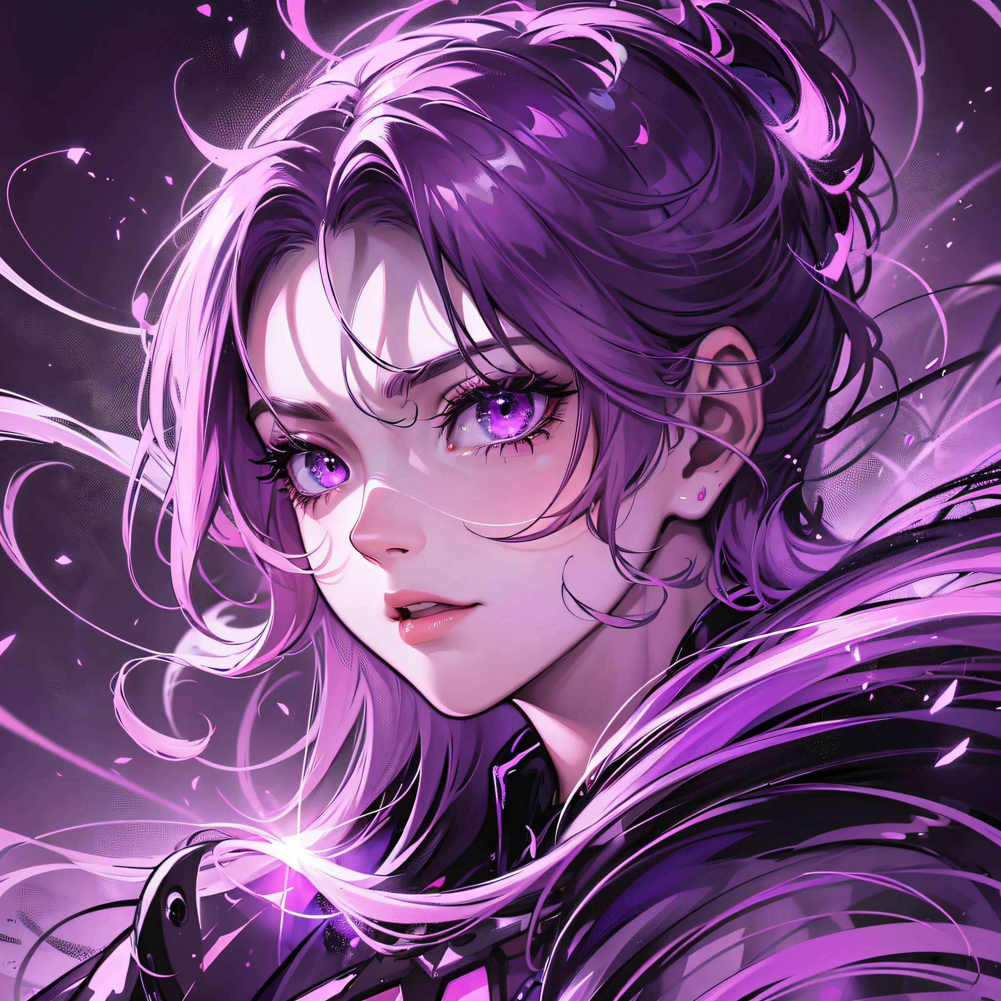 (best quality, impressive artwork), purple flash, dramatic background, intense facial expression, high contrast, mysterious atmosphere, strong shading, dramatic lighting, particle effects, in close-up. --auto --s2