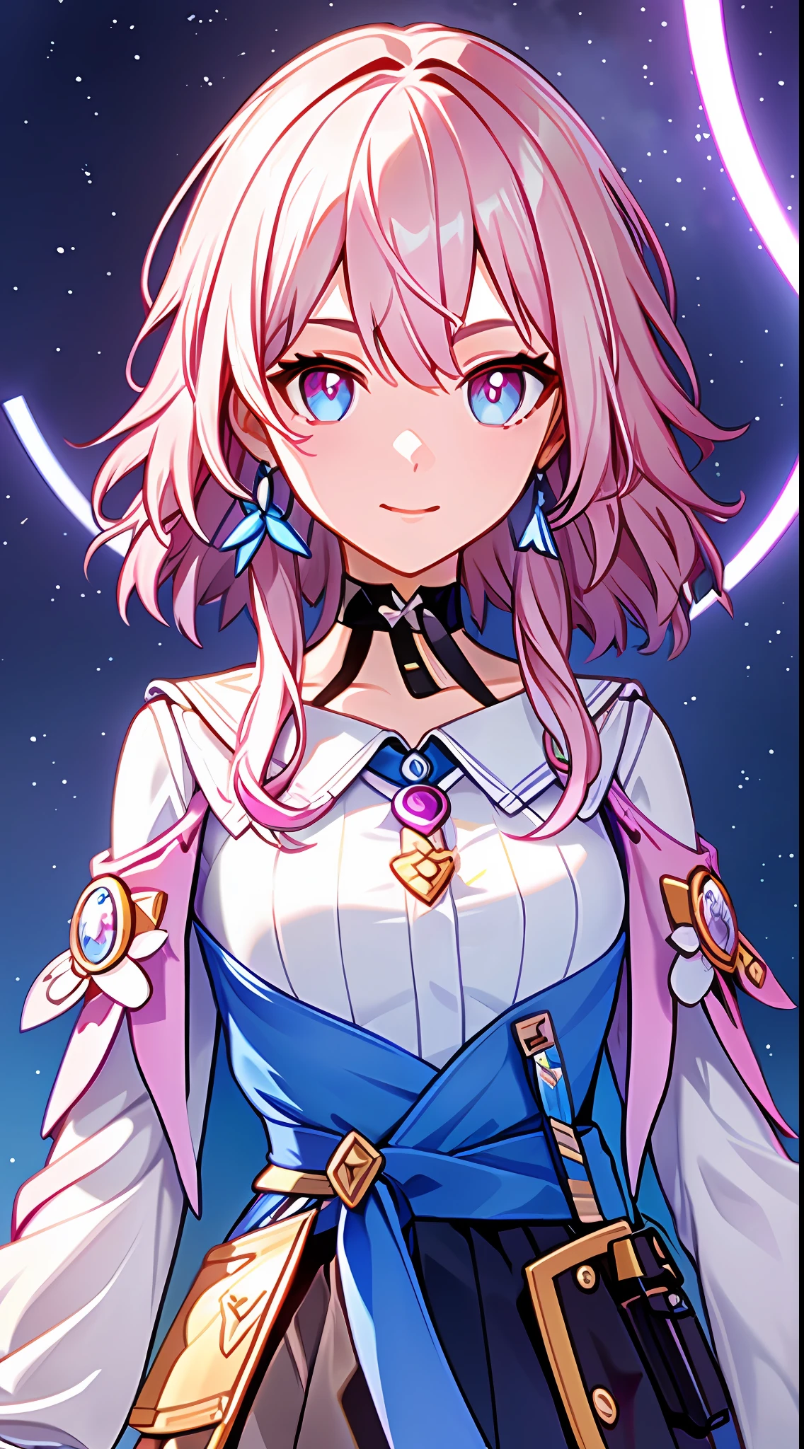Marhd, Mards, 1girl, solo, skirt, gloves, earrings, jewelry, bangs, blue eyes, pink eyes, black gloves, long sleeves, blue skirt,  choker, fingerless gloves, white shirt, hair between eyes, short hair, single glove, pleated skirt, partially fingerless gloves, purple eyes, jacket, multicolored eyes,   (masterpiece:1.6, best quality),  (finely detailed beautiful eyes: 1.2), ultra-detailed, illustration,beautiful detailed eyes,