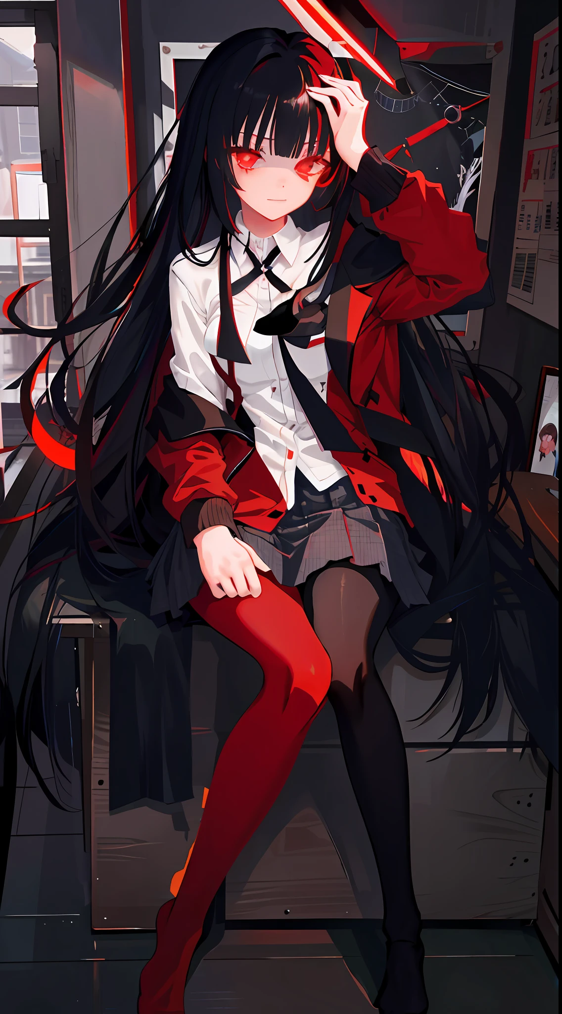 Masterpiece, best quality, high resolution, hmjy1, long hair, blunt bangs, school uniform, red jacket, seductive anime girl , beautiful anime high school girl, black pantyhose, white shirt, black ribbon, pleated skirt, long sleeves, denim lens, red glowing eyes, blushing, black silk, classroom, dark background, crossed legs