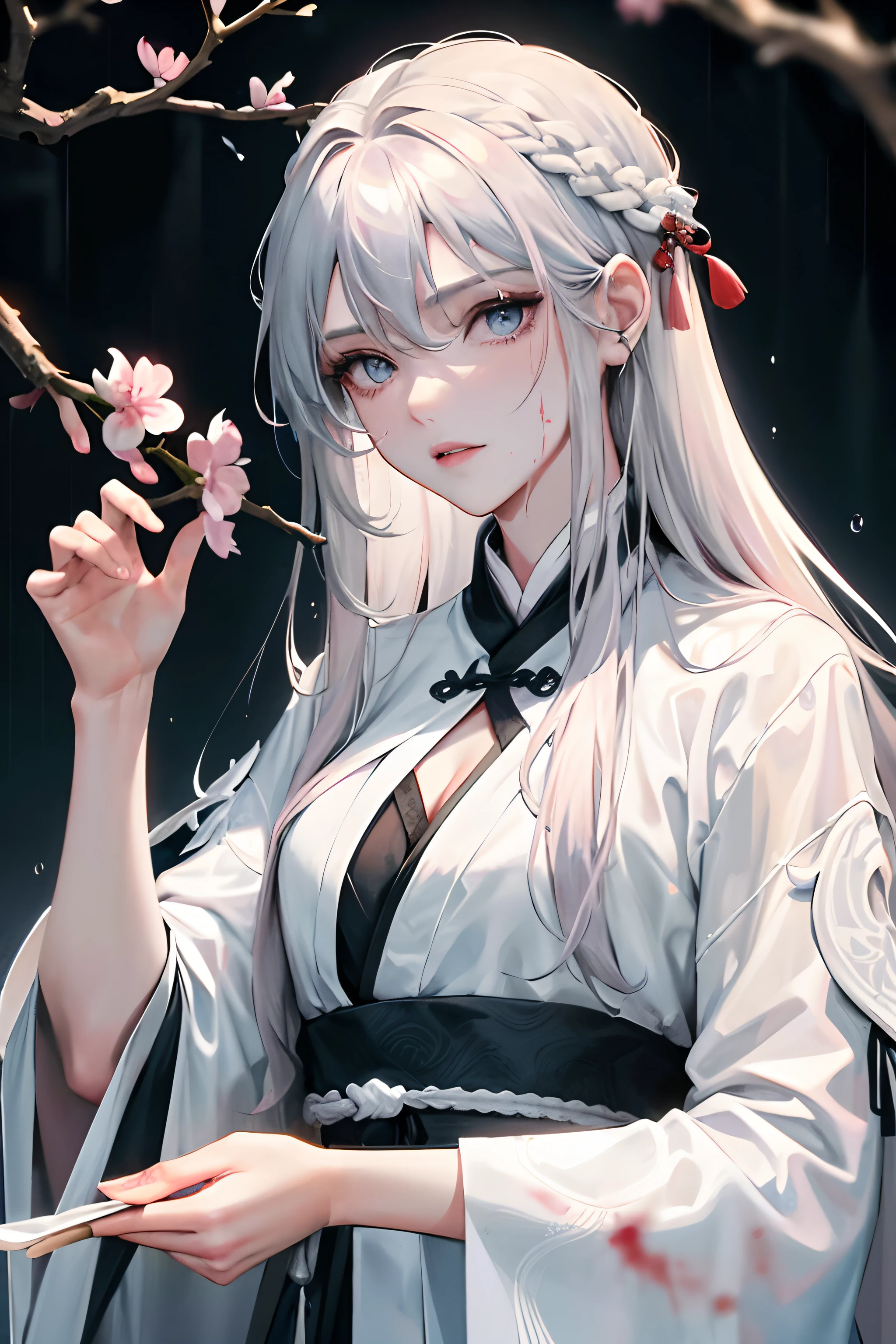 Masterpiece, best quality, night, outdoors, rainy days, branches, Chinese style, ancient China, 1 woman, mature woman, silver white long haired woman, gray blue eyes, light pink lips, cold, serious, weak, bangs, assassins, short knives, white clothes, black clothing patterns, blood stains, blood, injuries, blood on the face, blood on the clothes, rain, fine face, fine face,