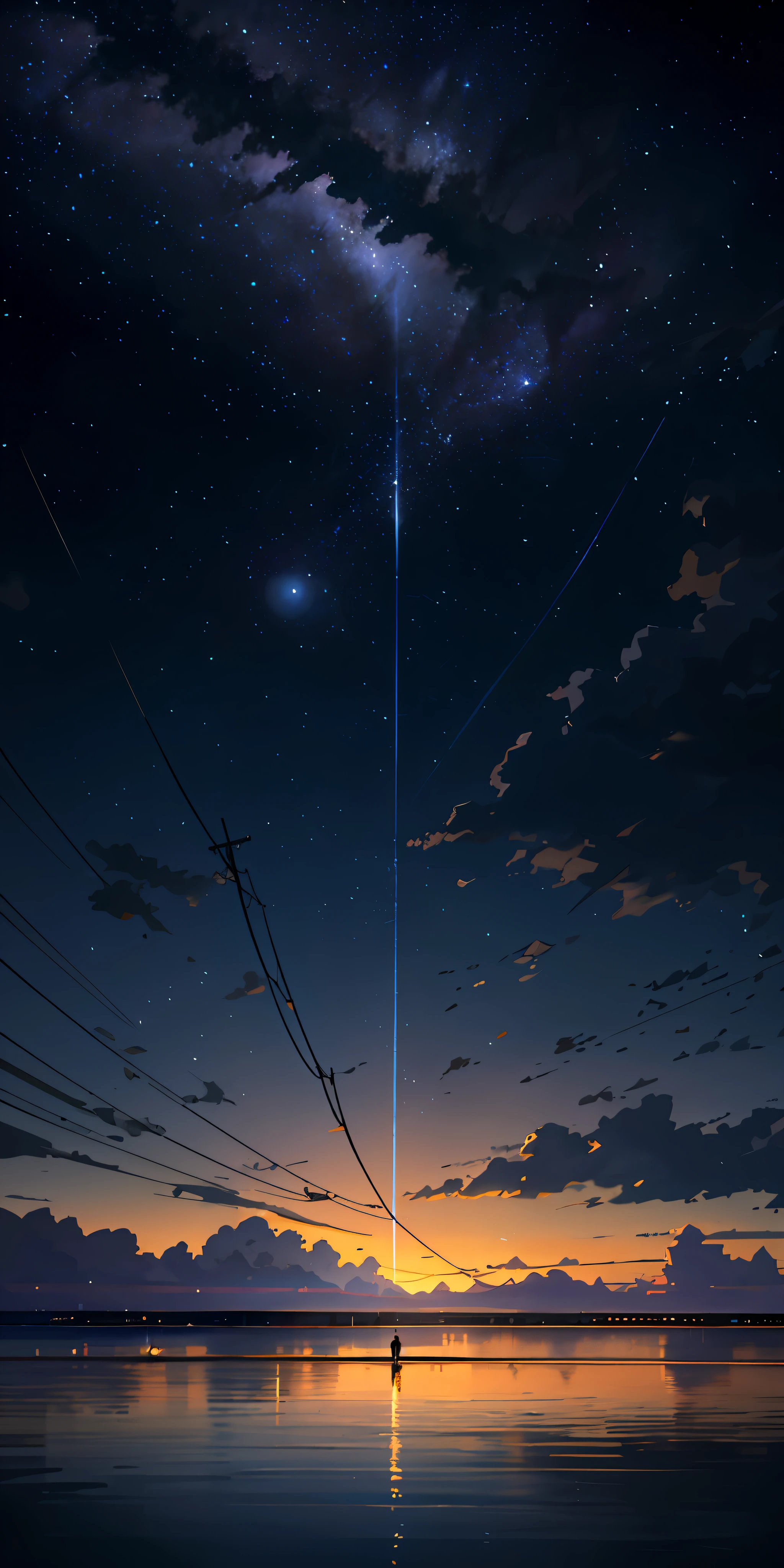 High quality masterpiece, landscape, anime train passing through bodies of water on tracks, bright starry sky. Romantic train, pixiv, concept art, lofi art style, reflection. by Makoto Shinkai, lofi art, Beautiful anime scene, Anime landscape, detailed scenery —width 672, in style of Makoto shinkai, style of Makoto shinkai, enhanced details.