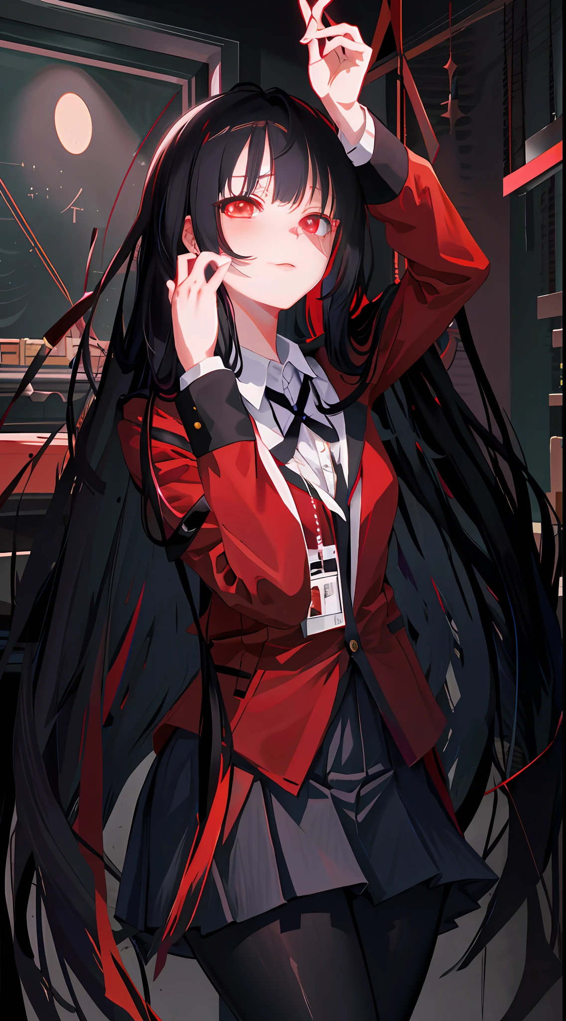 Masterpiece, best quality, high resolution, hmjy1, long hair, blunt bangs, school uniform, red jacket, seductive anime girl , beautiful anime high school girl, black pantyhose, white shirt, black ribbon, pleated skirt, long sleeves, denim lens, red glowing eyes, blushing, black silk, classroom, dark background, crossed legs