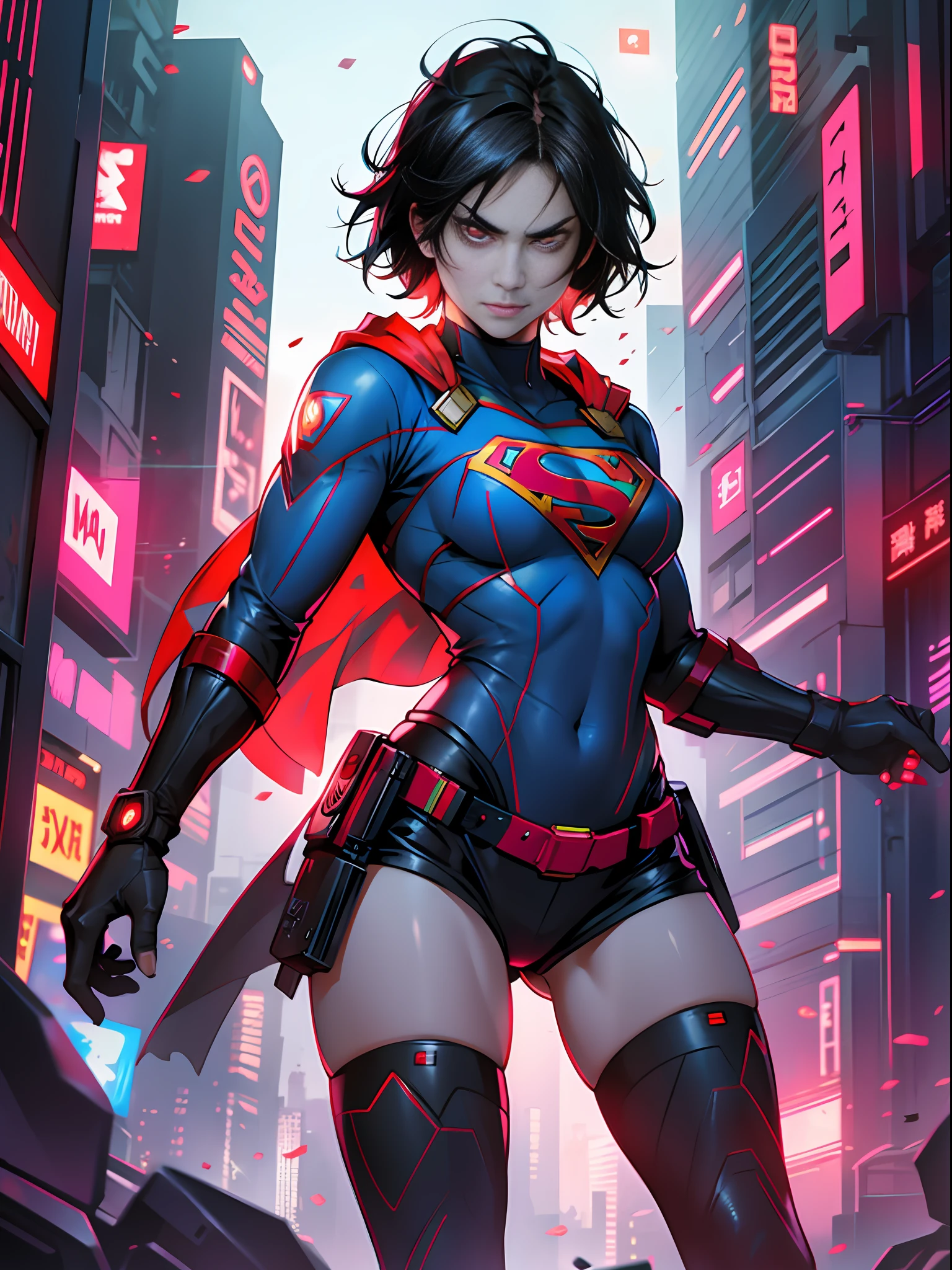 supergirl, short hair, black hair, angry face, glowing red eyes, cyberpunk style --auto --s2