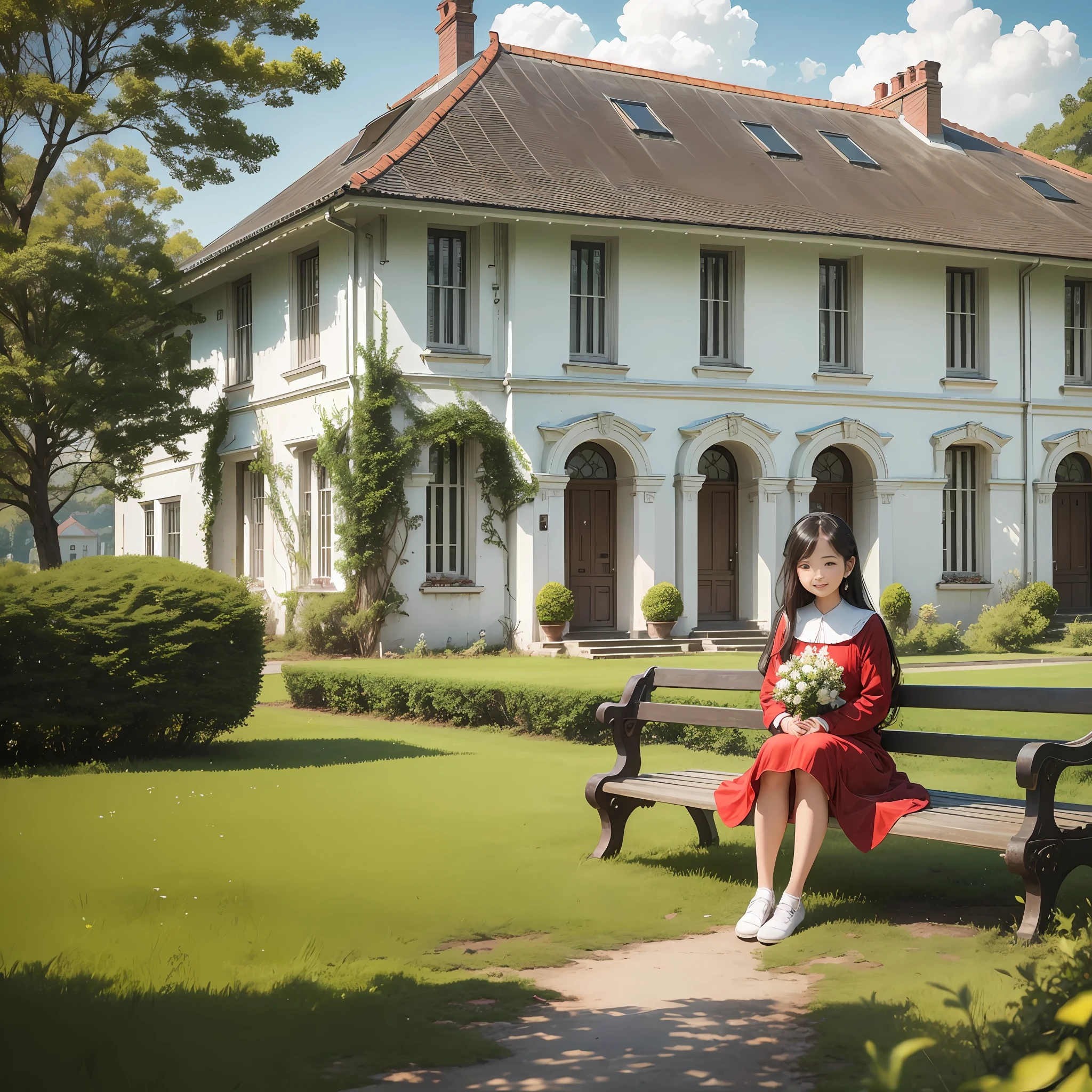 There is a beautiful white one story big house in the countryside. There are trees with green leaves near that house. There is a bench infront of the house and a girl sitting on it. That girl wear a beautiful red dress. Smile to the camera. --auto --s2