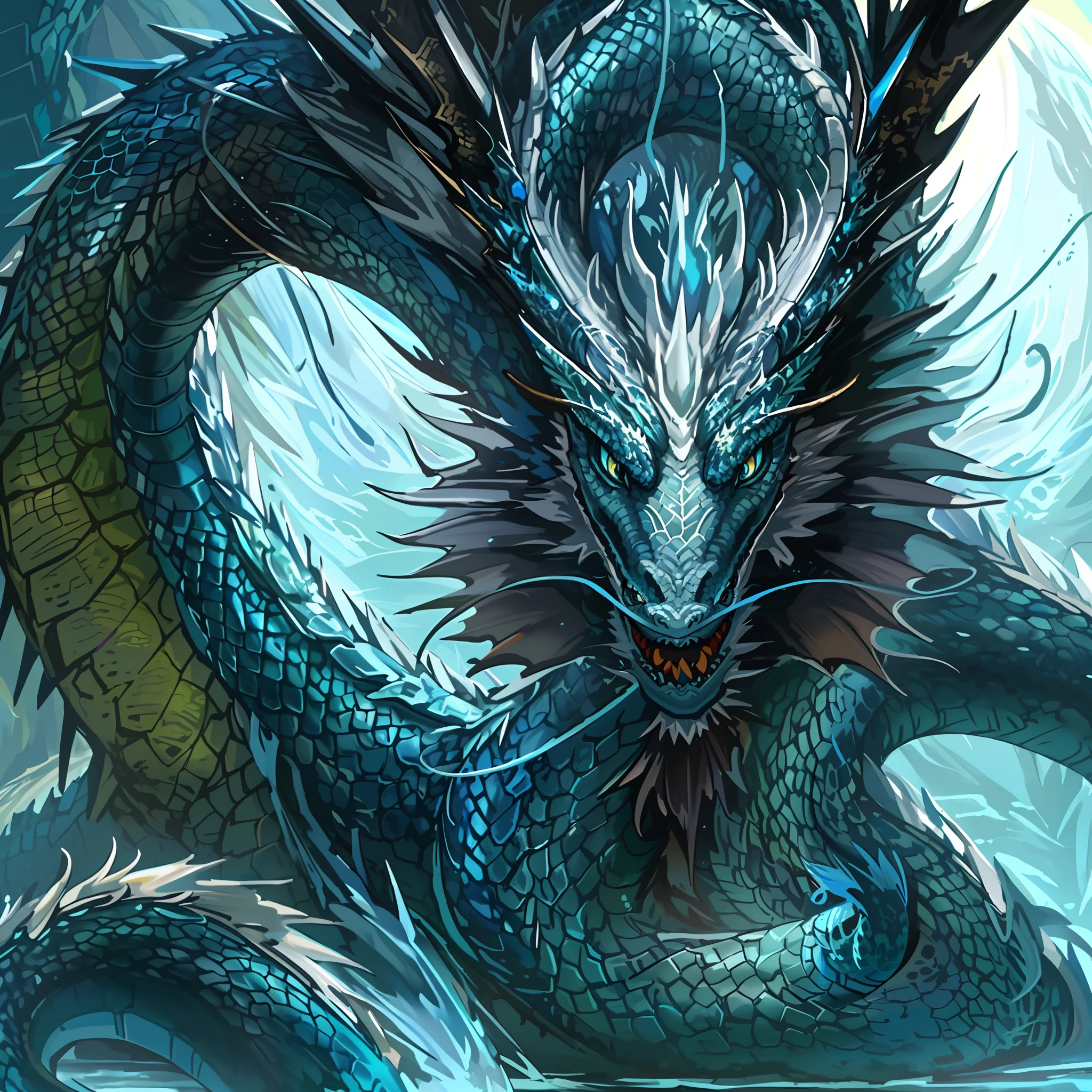 a close up of a dragon with a very long neck and a very long tail, cyan chinese dragon fantasy, jormungandr, water dragon, serpentine water monster, blue dragon, ancalagon the black, mythical creature, kerem beyit, dragon art, blue scaled dragon, frost dragon, sea serpent, jörmungandr, epic dragon