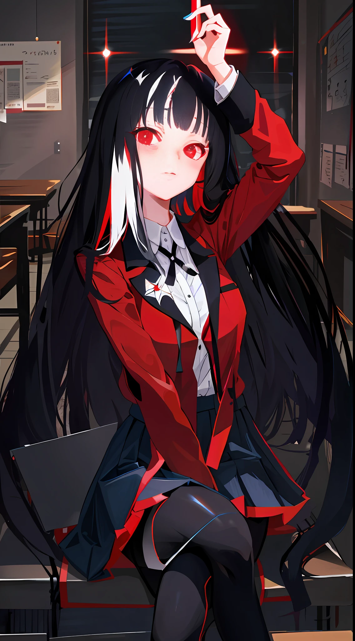 Masterpiece, best quality, high resolution, hmjy1, long hair, blunt bangs, school uniform, red jacket, seductive anime girl , beautiful anime high school girl, black pantyhose, white shirt, black ribbon, pleated skirt, long sleeves, denim lens, red glowing eyes, blushing, black silk, classroom, dark background, crossed legs