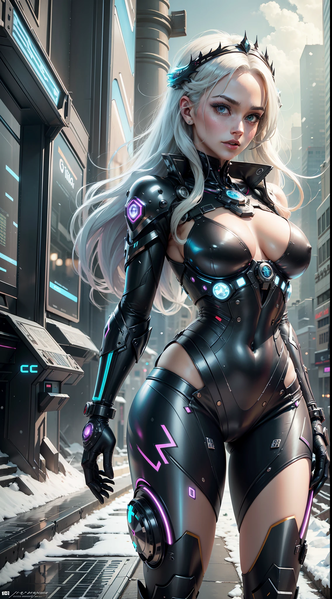A woman in a technology suit, standing in the future city, full of futuristic technology, full body perspective, white hair, masterpiece, colorful, fine details, detailed lips, intricate details, young and beautiful gravure idol, realistic young gravure idol, realistic sexy gravure idol, young gravure idol, exquisite gravure idol, 4k, fair skin, snow white skin, queen fan --auto --s2