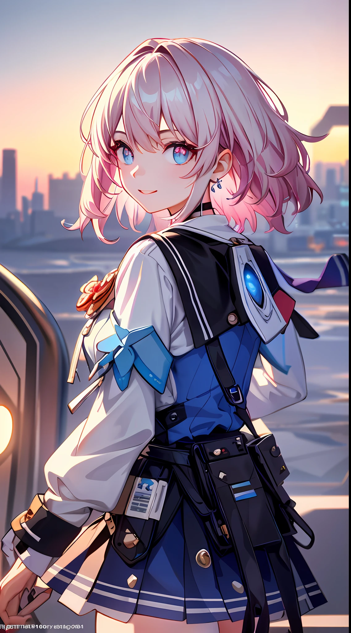 ph_Mar, Marhd, Mards, 1girl, solo, skirt, gloves, earrings, jewelry, bangs, blue eyes, pink eyes, black gloves, long sleeves, blue skirt, choker, fingerless gloves, white shirt, hair between eyes, short hair, single glove, pleated skirt, partially fingerless gloves, purple eyes, jacket, multicolored eyes, (masterpiece:1.6, best quality), (finely detailed beautiful eyes: 1.2), ultra-detailed, illustration,beautiful detailed eyes, (yandere:1.4), (empty eyes), backlighting, looking at viewer, blush, smile, (masterpiece, finely detailed beautiful eyes: 1.2), (on the moon, space, looking back into earth), volumetric lighting, white jacket, glowing headphone, cyberpunk, futuristic, multi-color eyes, detailed eyes, hyper detailed,light smile, highly detailed, beautiful, small details, ultra detailed, best quality, intricate, hyperrealism, sharp, digital illustration, detailed, realism, intricate, 4k, 8k, trending on artstation, good anatomy, beautiful lighting, award-winning, photorealistic, realistic shadows, realistic lighting, beautiful lighting, raytracing, intricate details, moody, rule of thirds, masterpiece, (illustration:1.1), highres, (extremely detailed CG, unity, 8k wallpaper:1.1), beautiful face, highly detailed face, ultra realistic, masterpiece, bokeh, extremely detailed, intricate, zoomout, colorful, vibrant colors, red nail polish, side view,