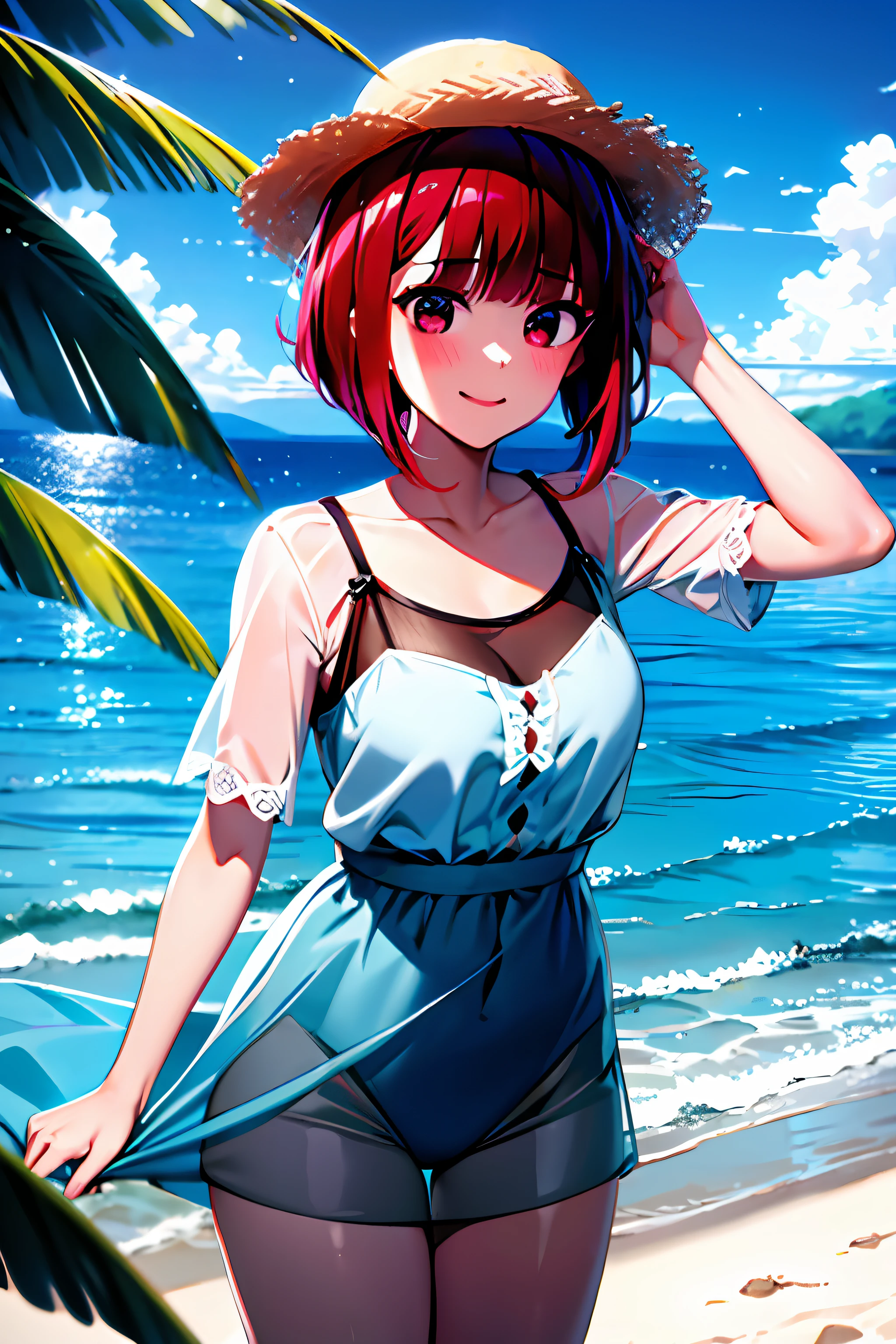 masterpiece, high quality, 8K, beautiful lighting, canarima, ari macana, beach, swimsuit, refreshing, shy face, dress, tucked flared lace see-through blouse