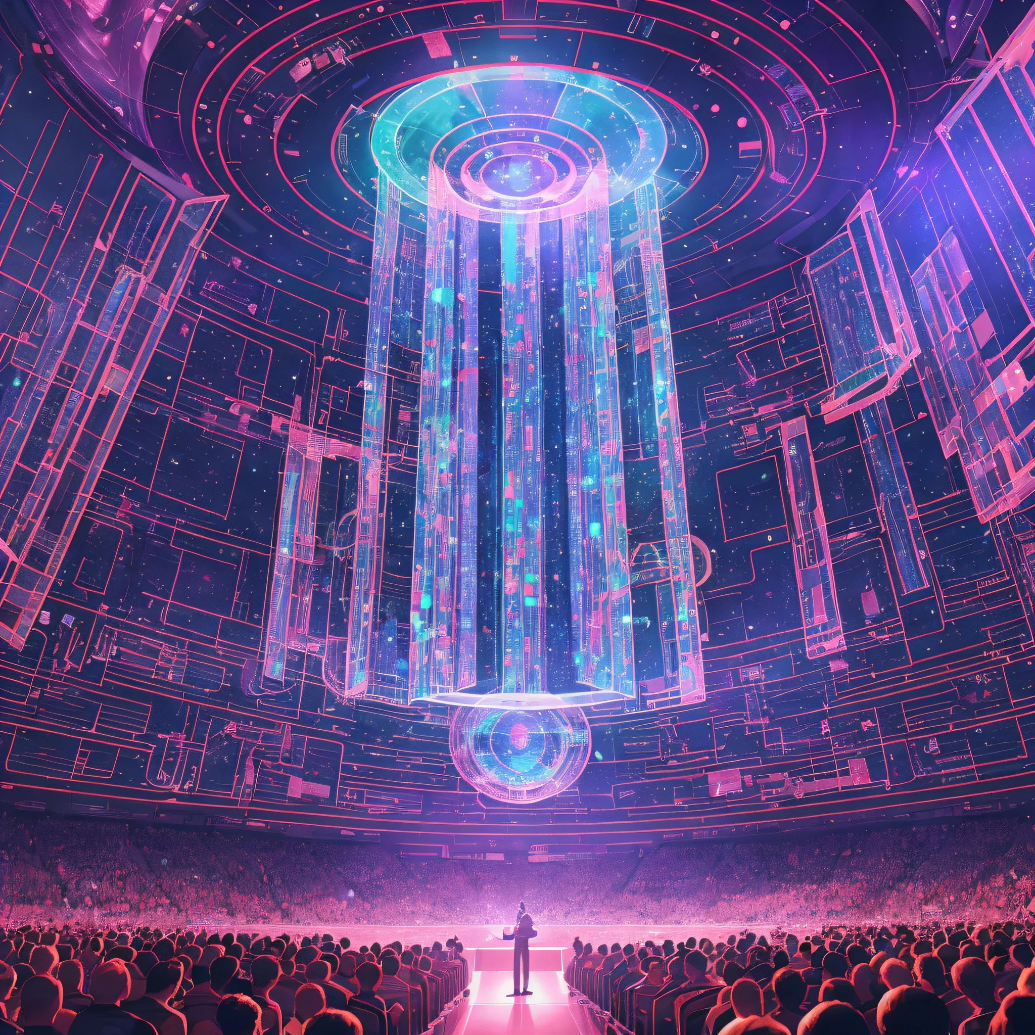 Create an artwork featuring an android orchestra, where each member is anatomically accurate and plays an instrument beyond human ability. The scene takes place in an intergalactic concert hall with a crowd of aliens from different planets. Imagine unique instruments like a planet-sized harp or a black hole organ, visualizing sound as colors and shapes. The android's intricate mechanisms can be seen through transparent panels on their bodies, showing how music flows through their sophisticated processors. The backdrop should be a cosmic landscape of stars, nebulas, and galaxies. --auto --s2