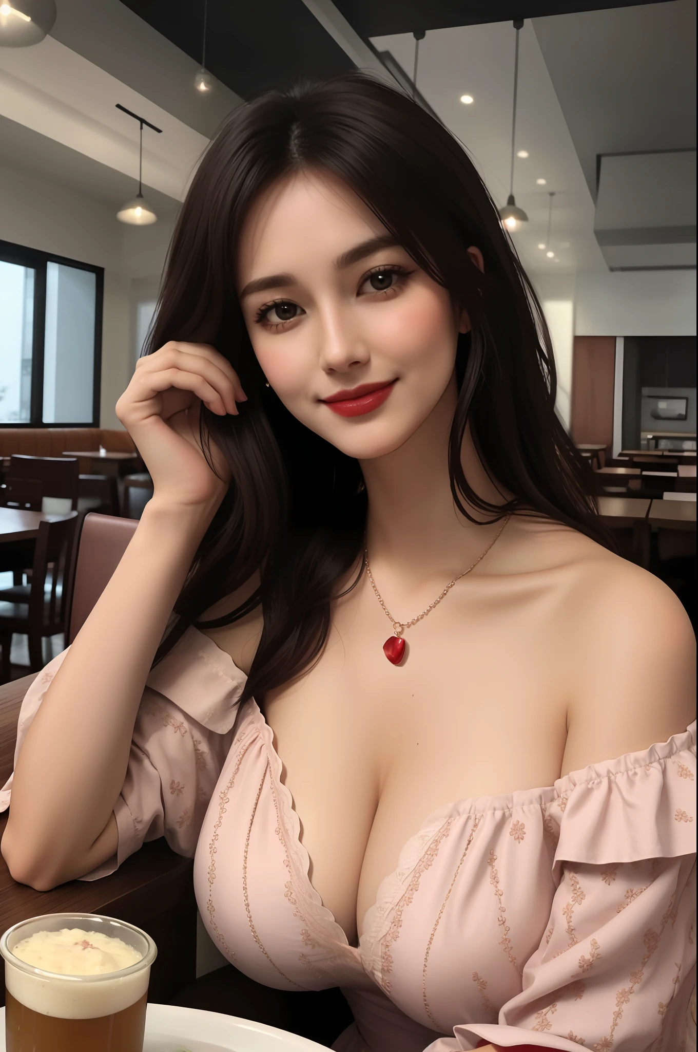 Mature women, huge breast, 1girl, arm support, bare shoulders, beer mug, black hair, blurry, blush, breast rest, breasts, breasts on table, butter, chair, cleavage, collarbone, cup, cupboard, depth of field, dress, flower, food, gravy, head rest, head tilt, indoors, jewelry, large breasts, leaning forward, lettuce, low neckline,  mug, necklace, off-shoulder dress, off shoulder, red dress, restaurant, sitting, smile, solo, spoon, steak, table strapless dress, --s2