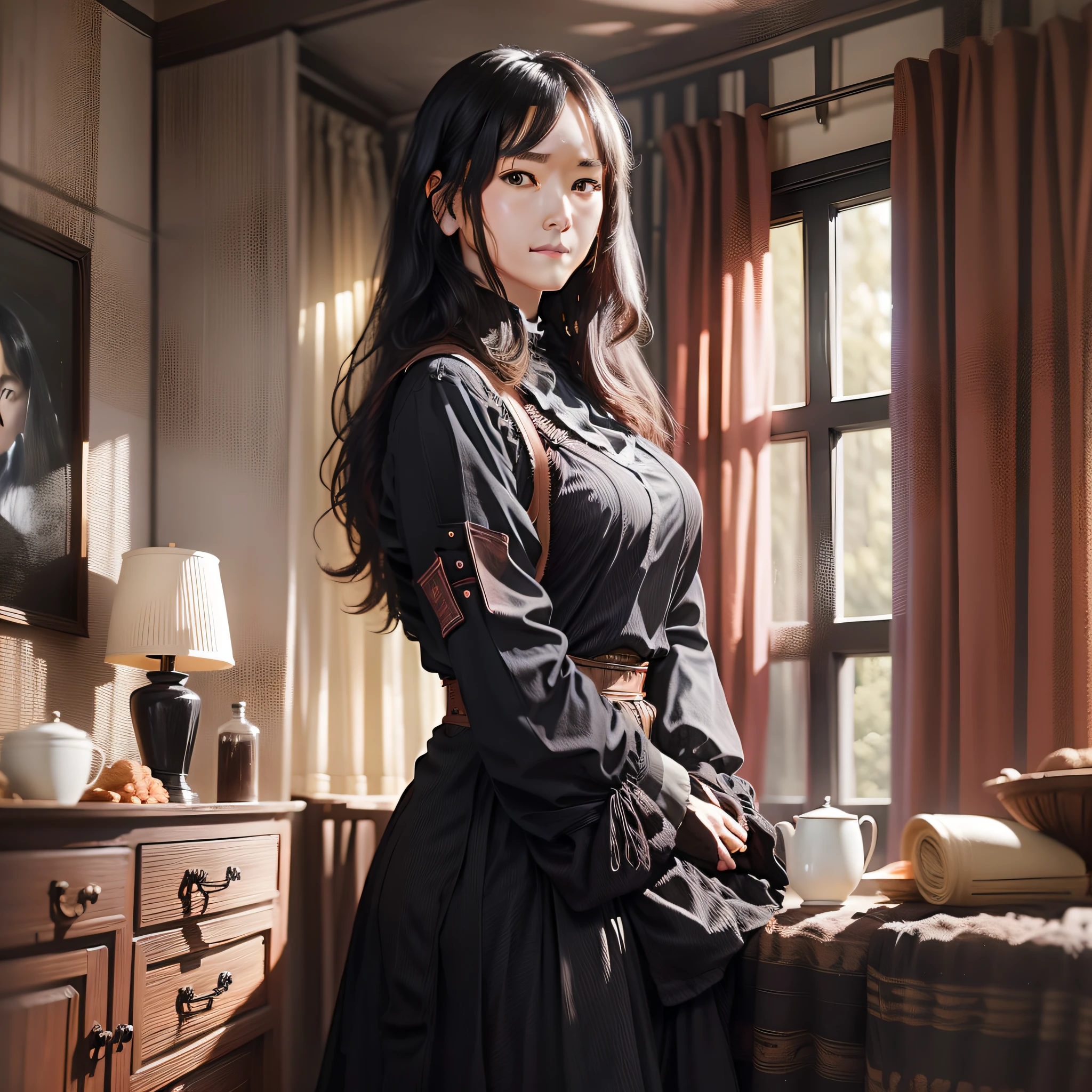 Young female maid living in old Western-style house, black clothes, long black hair