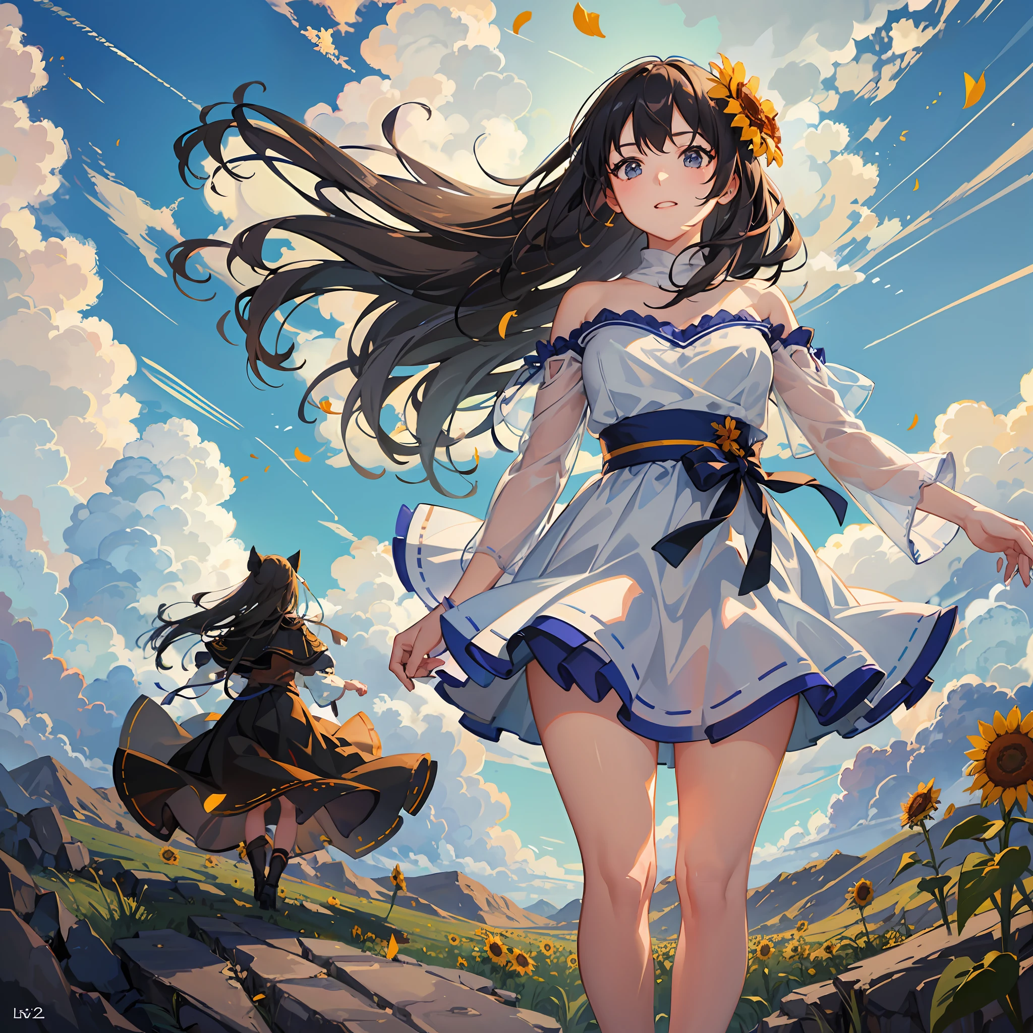 (from below, the sky above, the open field below), a girl standing on a flower field looking up, vast landscape photography, sunset, a girl with long flowing hair and a fat man, with their backs facing a field full of sunflowers, cheerfully running backs, smaller figures, sunflowers fluttering in the wind, digital painting, best quality, ligne claire, bright colors, bright colors, volumetric lighting. Soft Light, Diffuse Illumination, Radiant Light, Halow, Caustic, Subsurface Scattering, Dreamy, --auto --s2
