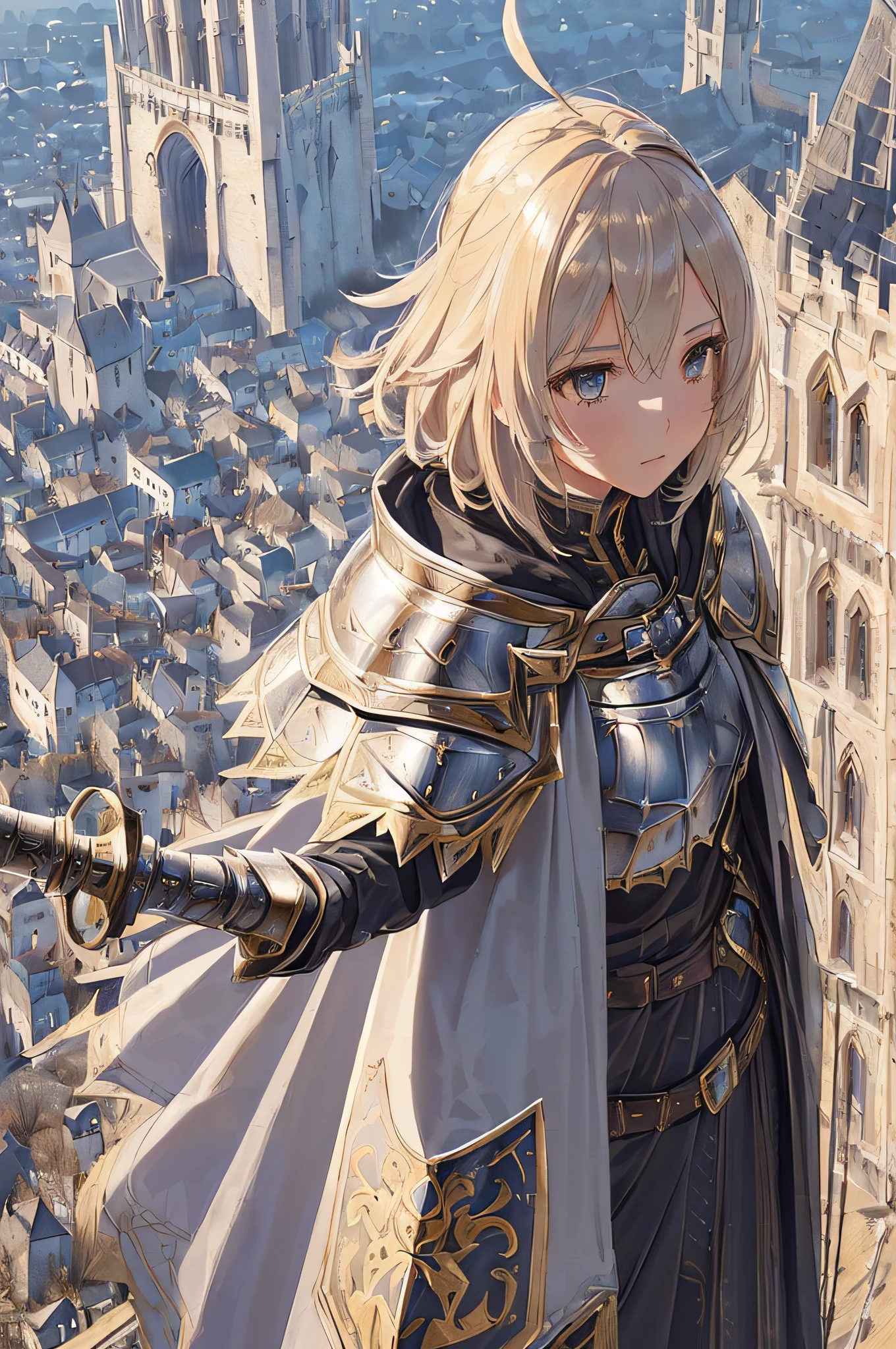 Realistic, realistic detail, detailed, (((1 girl, slim, ahoge, female knight, detailed armor, intricate details, cloak, cane, aerial perspective, from above, standing on the top of the tower overlooking the medieval cityscape, very detailed architecture, perspective, clear focus, depth of field, detailed background)))