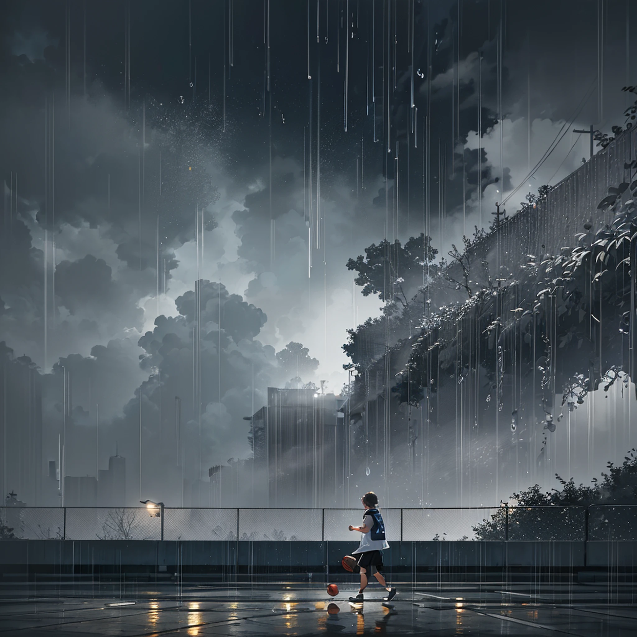 1. Basketball court: There needs to be a clear basketball court in the image, including standard basketball hoops, basketball courts, fences, etc. 2. Heavy rain: There needs to be obvious rainstorm weather in the image, including dense water mist, wet ground, falling rain, etc. 4. Boys: The image needs to have a group of boys playing basketball, which can be several people or more players. They should wear sportswear, sneakers, sports caps, etc. 5. Water droplets: In heavy rain weather, there need to be clear water droplets in the image, which can be water droplets on basketballs, floors, clothes and other items. 7. Running water: In heavy rainy weather, there will be flowing water on the ground, and the effect of flowing water can be added to the image to better express the heavy rain weather. 8. Lightning and thunder: In heavy rain, there may be lightning and thunder, which can enhance the atmosphere of the image. 10. Gray and dull: In heavy rainy weather, the overall tone of the image should be dull, and the gray effect can be added to better express the atmosphere of heavy rain weather.  --6 --auto --s2