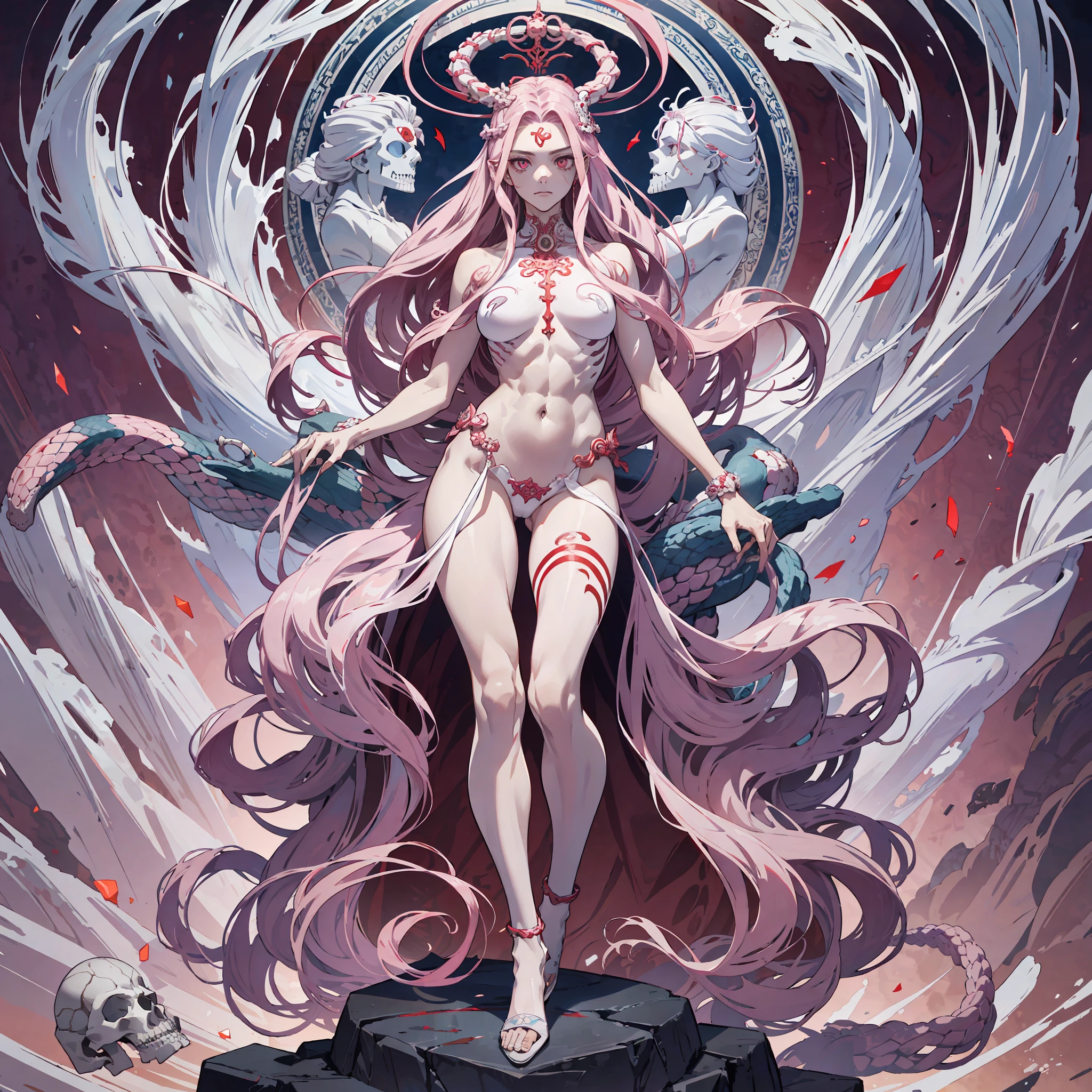 Medusa, hair composed of pink snakes, red-white eyes, ultra-detailed sea surface, skull in eye reflection, background of white stone statue of muscular man, expression of anger and hatred, symbol of the central feminine, well-structured female body, full body bow, white silk high heels