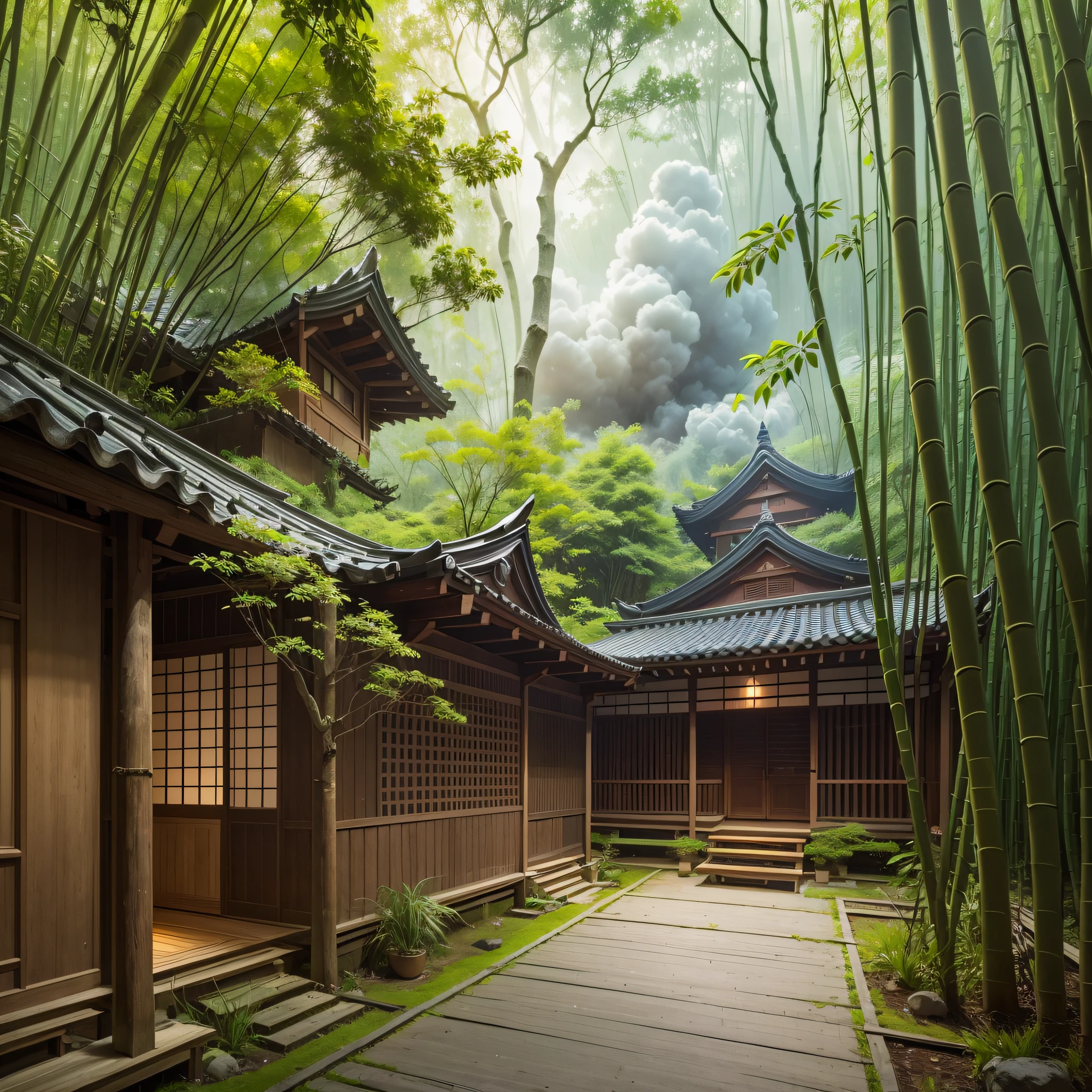 Deep in the silent bamboo forest in the early morning, there is a courtyard where cooking smoke rises --auto --s2