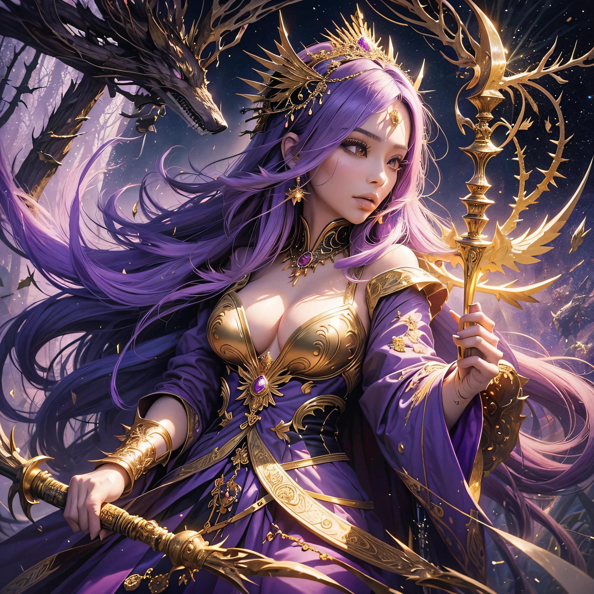 Best masterpiece, high quality painting, a beautiful Asian girl named (Linna), she is with (Kim. Kardashian) completely different in length, 1girl, she is a magician, wearing purple magic robes, purple robes, purple long hair, purple dress, holding a pink magic wand, golden arched headdress with purple gemstones in the middle, arched golden headdress with purple gemstones, she walks in the enchanted forest, she attacks a wolf covered in thorns with a magic wand that emits light, a vicious wolf that has been covered in thorns, and the magic staff that emits rays shines on the wolf full of thorns --auto --s2