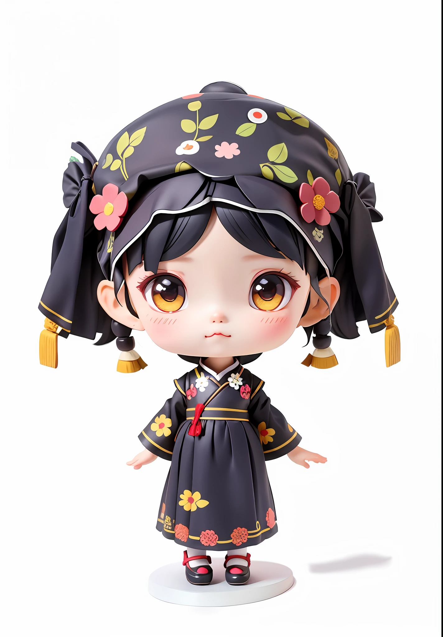 Blind box style, a , Miao costume, cute expression, cloth shoes, more details in clothes, more details in headdress, gray-black hair