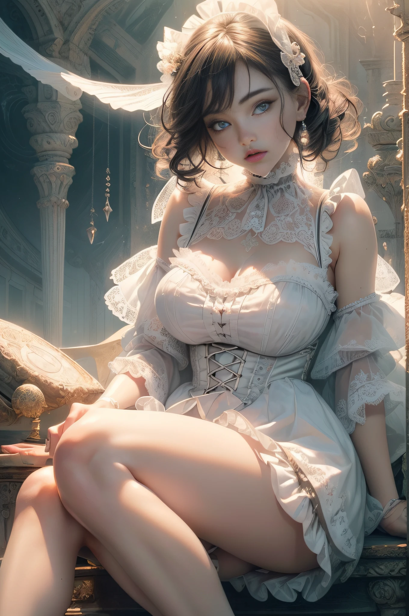 [Detailed illustrations, art based on extremely ideal anatomy, very detailed and detailed drawings, slow and delicate pen touches, realistic texture expression],((Accurate simulation of light-material interactions, understanding of air flow, mechanically correct expression))),(Design built at a high level,((Advanced structural understanding)),Ideal color coordination),(( Intricate decoration (ultra-dense detail)),(Detail,High Definition)(Color tressed lines)),(Artwork of outstanding craftsmanship),(Fine and beautiful skin expression (transparency))),(Perfect and beautiful face,Realistic face detail),(Perfect eye (Realistic pupil details (Beautiful iris drawn in detail) (Sharp pupil))),(Perfectly proportioned proportions)),(( Strange bedroom background)),Girl Japanese Beauty  (Luxury girl) [Cat ears (plump) (large drooping breasts, (wide areola))],Babydoll White Corset (Ribbon ruffled lace fabric (Lolita fashi,(Realistic and lustrous skin expression ((high humidity))(Soft body))),Transparency Soft ambient light,Gravure (((Sitting weakness))),[ Ultra-precision detail, High Quality, High resolution, ((Multi-layered texture)]],((Narrative visual art)).