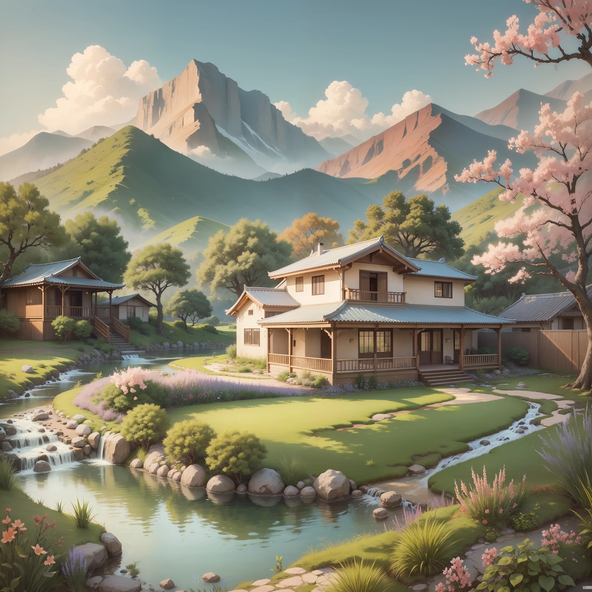 One-story house, open yard with blossoming peach trees, flowing streams, verdant mountains, waterfalls, dogs, warm painting style, clear sky, full feeling,