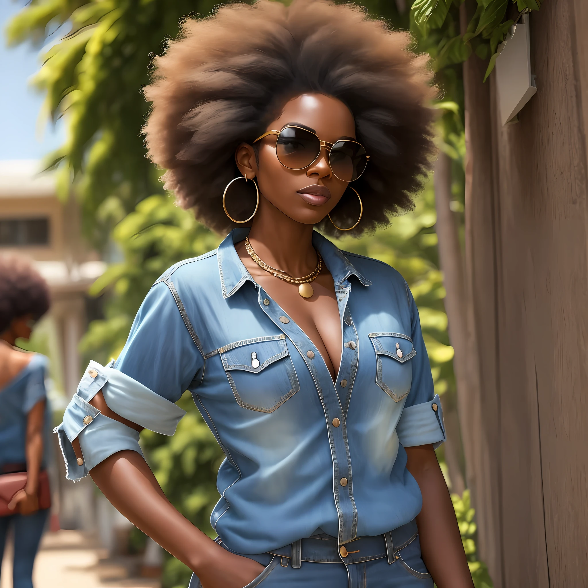Woman in denim shirt and sunglasses standing in front of a bush, black woman with afro hair more important the Afro style year 70, sexy, beardless and much sexier taken in 2023, keep the original shirt with short sleeves we must see her forearms Full Leight, in very sexy heels Westside, album cover --auto --s2