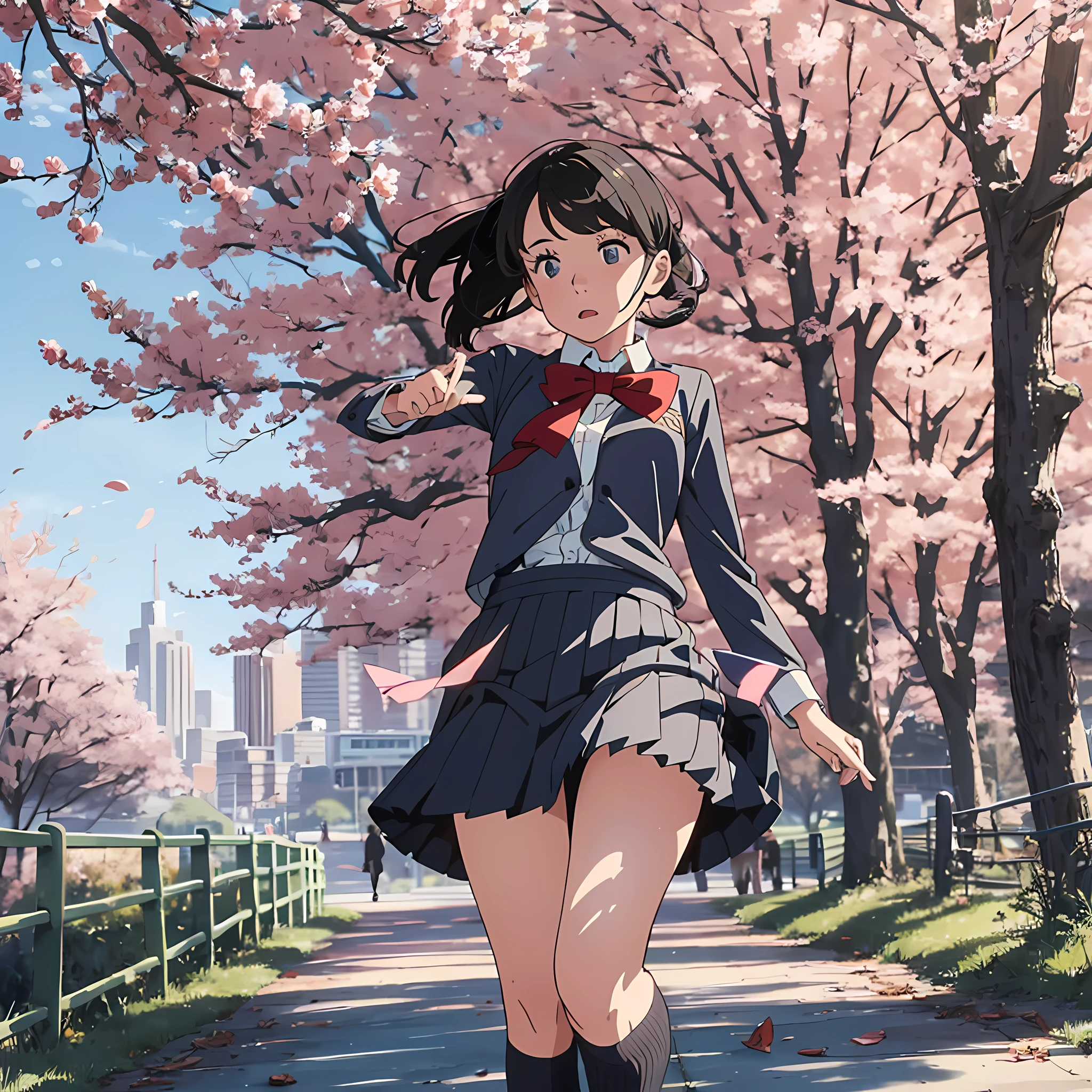 A girl walks through the park, wearing her school uniform, jumping as she goes --auto --s2