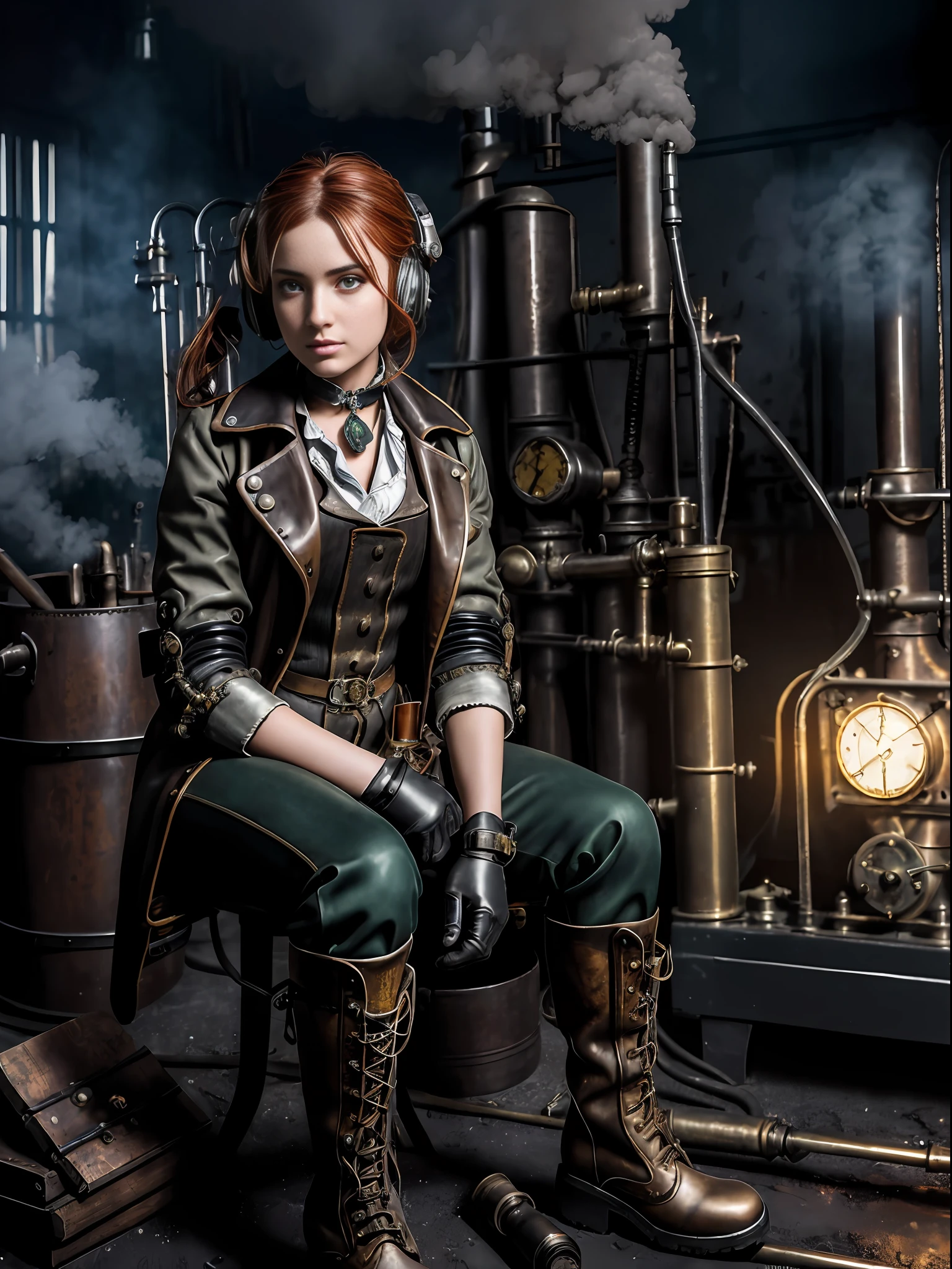 photorealistic, perfect anatomy, realistic character, hyper photorealism, very high contrast photograph, street photography, cinematic lighting, dramatic lighting, shot from the back, (((a girl is sitting and repairing a steam engine in the steamy smoky workshop))), (a 19 yo girl, (Ana de Armas:0.70), (redhead:1.1)), very cute, (perfect eyes:1.1), photorealistic wavy hair, a girl in a steampunk jumpsuit in light gray color, intercom headset, steampunk choker, long leather boots, perfect detailed face, detailed symmetric green eyes with circular iris, fixing a steam engine in the steampunk garage filled with steam and smoke, cogs and gears, steamy background with lots of steam pipes and steam valves and pressure gauges and gears, intricate background, very highly detailed costume, very highly detailed background, steampunk fantasy style, steampunk , steampunk aesthetic, steamy, smoky