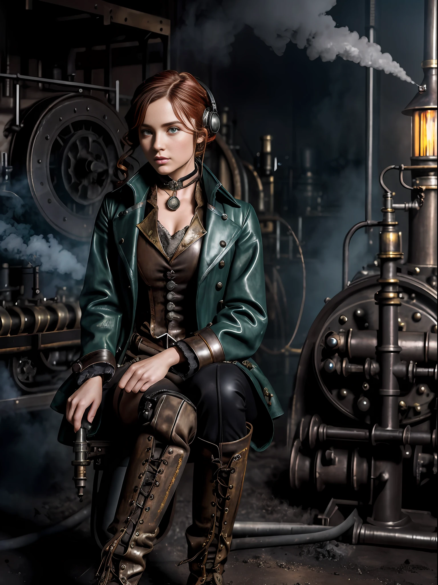 photorealistic, perfect anatomy, realistic character, hyper photorealism, very high contrast photograph, street photography, cinematic lighting, dramatic lighting, shot from the back, (((a girl is sitting and repairing a steam engine in the steamy smoky workshop))), (a 19 yo girl, (Ana de Armas:0.70), (redhead:1.1)), very cute, (perfect eyes:1.1), photorealistic wavy hair, a girl in a steampunk jumpsuit in light gray color, intercom headset, steampunk choker, long leather boots, perfect detailed face, detailed symmetric green eyes with circular iris, fixing a steam engine in the steampunk garage filled with steam and smoke, cogs and gears, steamy background with lots of steam pipes and steam valves and pressure gauges and gears, intricate background, very highly detailed costume, very highly detailed background, steampunk fantasy style, steampunk , steampunk aesthetic, steamy, smoky
