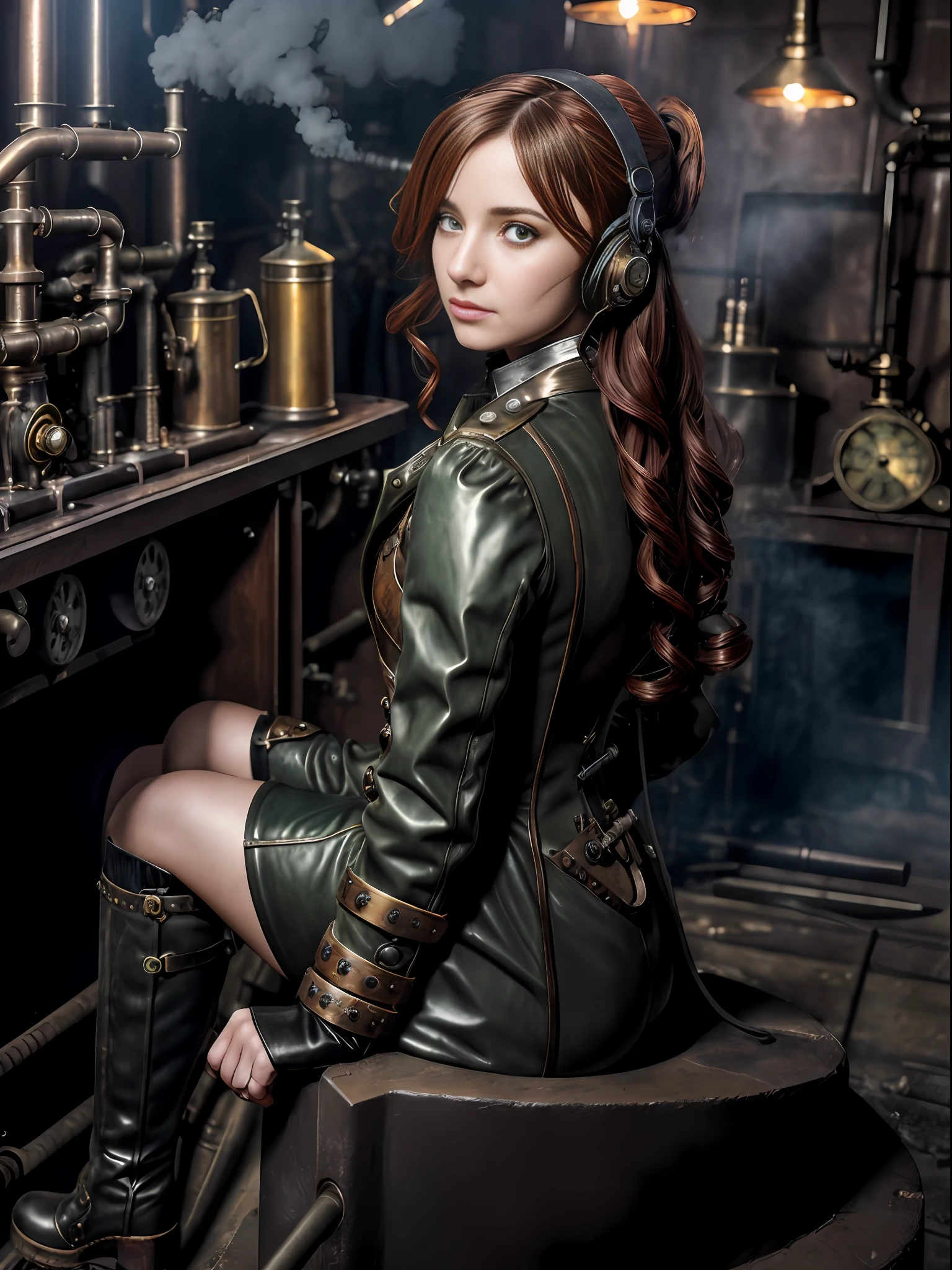photorealistic, perfect anatomy, realistic character, hyper photorealism, very high contrast photograph, street photography, cinematic lighting, dramatic lighting, shot from the back, (((a girl is sitting and repairing a steam engine in the steamy smoky workshop))), (a 19 yo girl, (Ana de Armas:0.70), (redhead:1.1)), very cute, (perfect eyes:1.1), photorealistic wavy hair, a girl in a steampunk jumpsuit in light gray color, intercom headset, steampunk choker, long leather boots, perfect detailed face, detailed symmetric green eyes with circular iris, fixing a steam engine in the steampunk garage filled with steam and smoke, cogs and gears, steamy background with lots of steam pipes and steam valves and pressure gauges and gears, intricate background, very highly detailed costume, very highly detailed background, steampunk fantasy style, steampunk , steampunk aesthetic, steamy, smoky