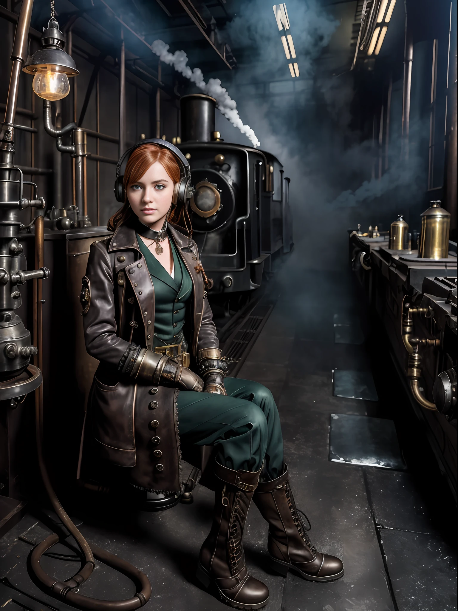 photorealistic, perfect , realistic character, hyper photorealism, very high contrast photograph, street photography, cinematic lighting, dramatic lighting, shot from the back, (((a girl is sitting and repairing a steam engine in the steamy smoky workshop))), (a 19 yo girl, (Ana de Armas:0.70), (redhead:1.1)), very cute, (perfect eyes:1.1), photorealistic wavy hair, a girl in a steampunk jumpsuit in light gray color, intercom headset, steampunk choker, long leather boots, perfect detailed face, detailed symmetric green eyes with circular iris, fixing a steam engine in the steampunk garage filled with steam and smoke, cogs and gears, steamy background with lots of steam pipes and steam valves and pressure gauges and gears, intricate background, very highly detailed costume, very highly detailed background, steampunk fantasy style, steampunk , steampunk aesthetic, steamy, smoky