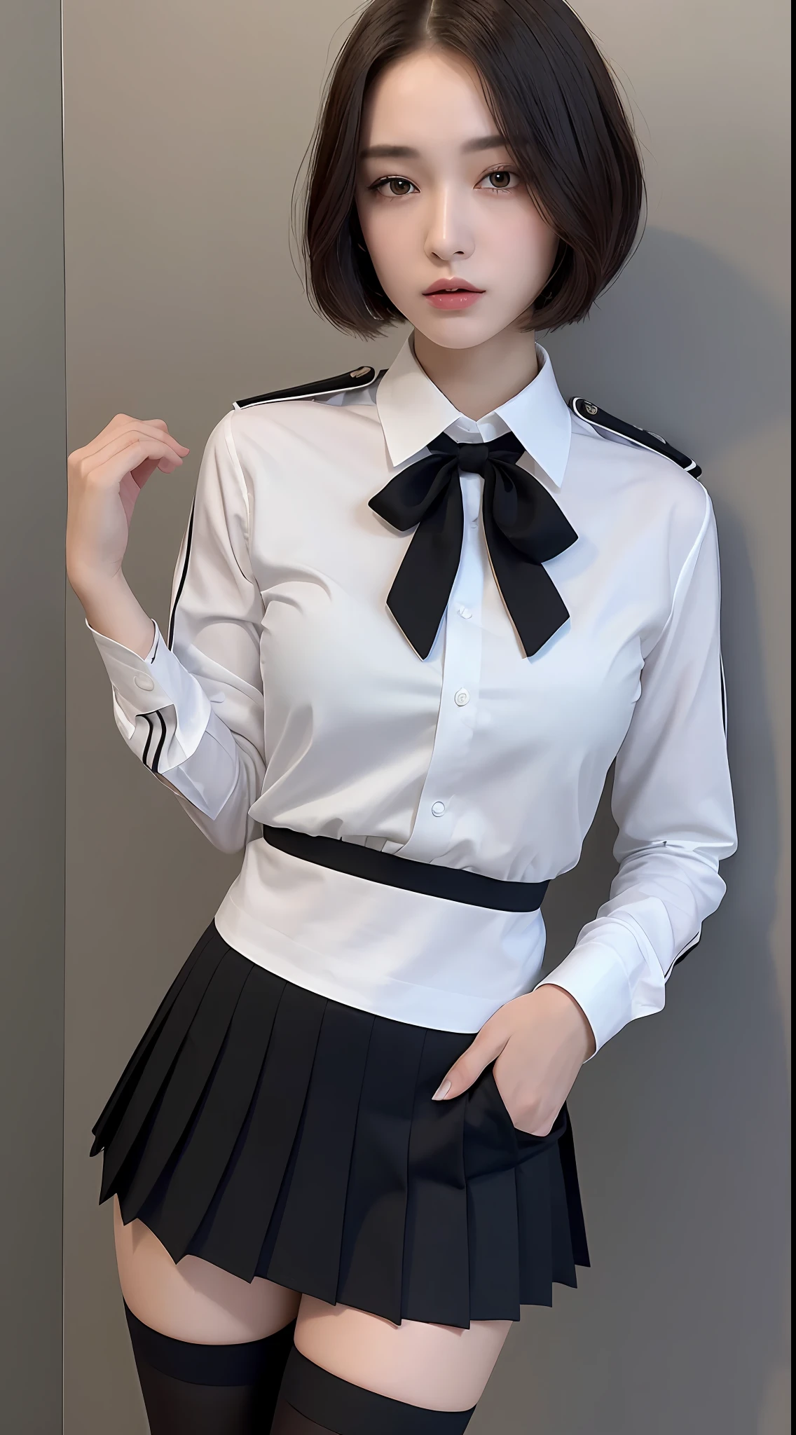 ((Top Quality, 8k, Masterpiece: 1.3)), 1 girl, Beauties with slender abs: 1.3, (Medium Short Hair, Big: 1.2), White Shirt: 1.1, Ultra Detailed Face, Detailed Eyes, Double Eyelids, Black Pleated Skirt, Uniform, Navel, Slender Legs, Knee High Socks, Black Shoes