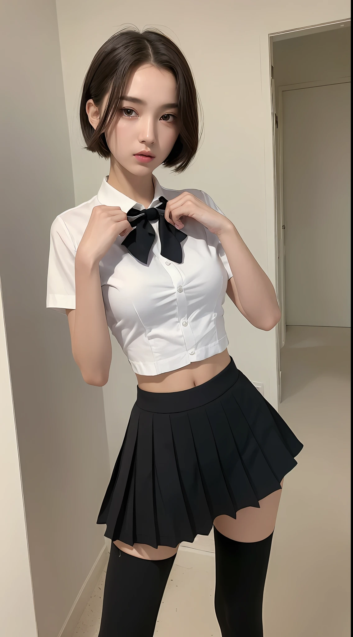 ((Top Quality, 8k, Masterpiece: 1.3)), 1 girl, Beauties with slender abs: 1.3, (Medium Short Hair, Big: 1.2), White Shirt: 1.1, Ultra Detailed Face, Detailed Eyes, Double Eyelids, Black Pleated Skirt, Uniform, Navel, Slender Legs, Knee High Socks, Black Shoes