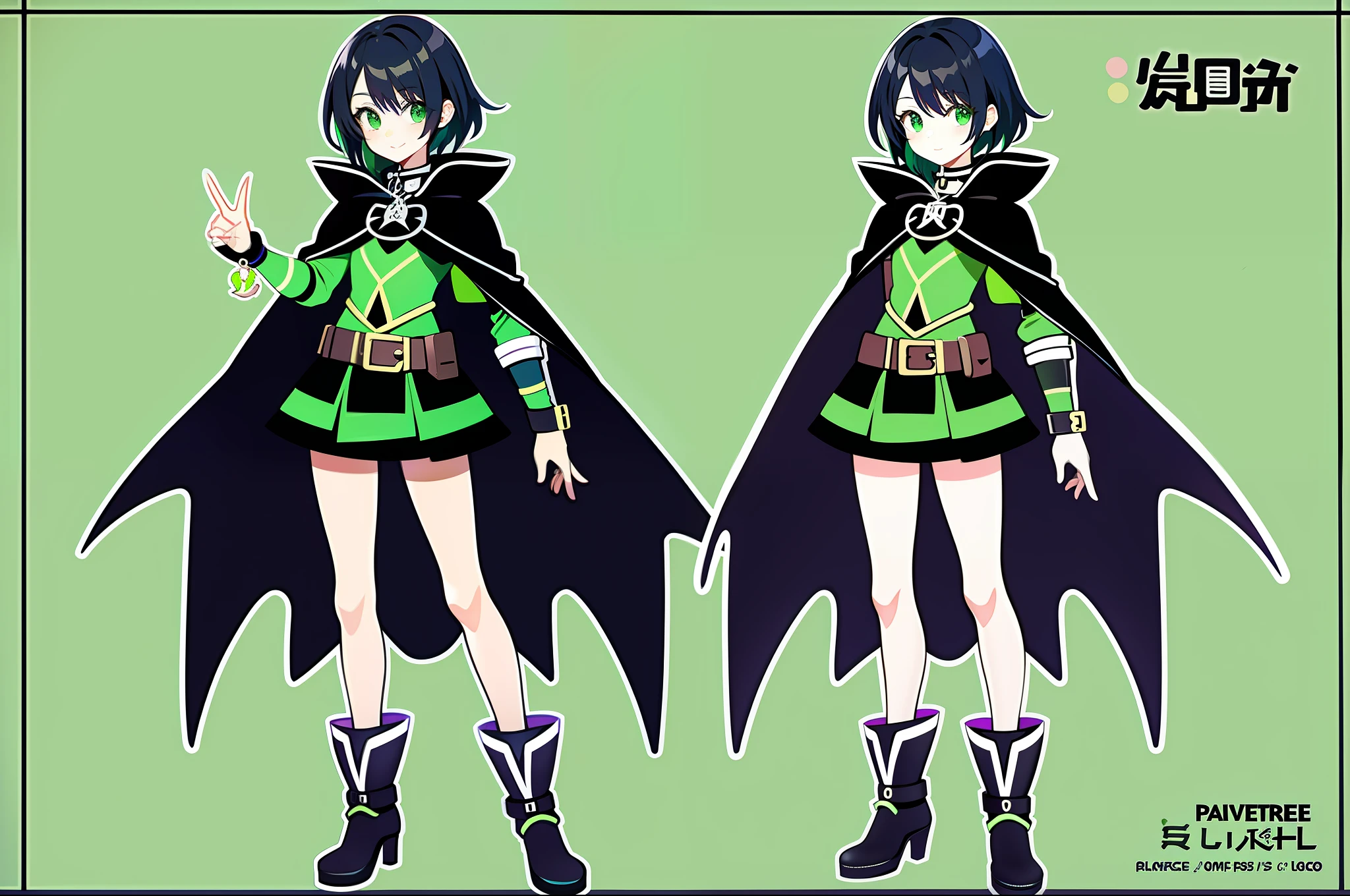 Magical girl thief with poncho black color scheme with instant green boots holding whip peace sign pose full body character anime concept art reference sheet