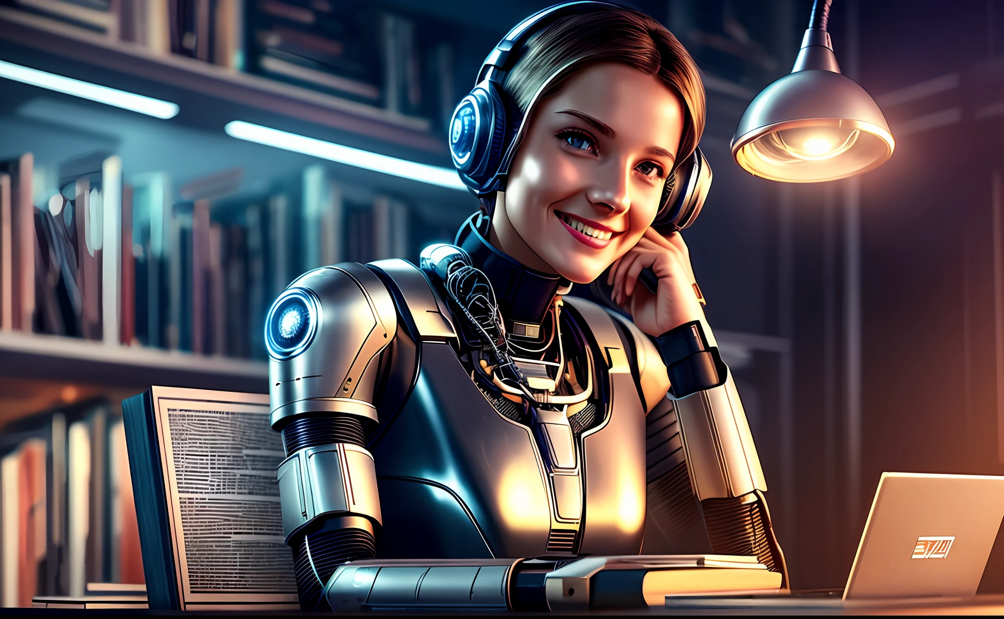 British workplace female elite sitting in a room with an oversized wall of books in the background with laptop and a lamp, portrait of artificial intelligence, digital cyberpunk animation art, cybernetic wallpaper, beautiful British female elite character design, web style, WLOP. Sci-fi, smiling British girl, 4K detailed digital art, powerful artificial intelligence, high quality digital concept art