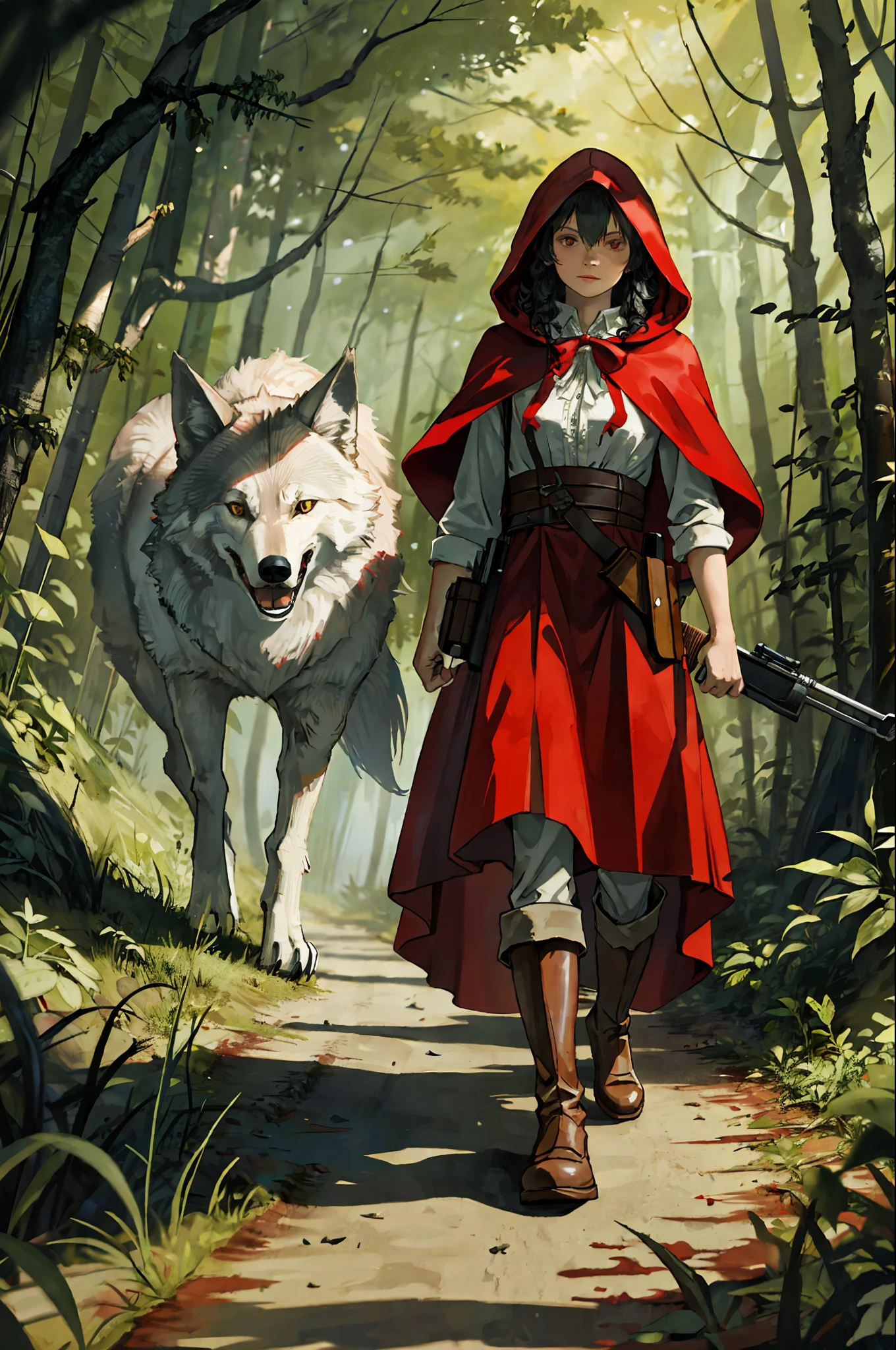 (Best quality), Little Red Riding Hood with a shotgun followed by a wolf in a cape, Science fiction, walking through the dense jungle, fantasy