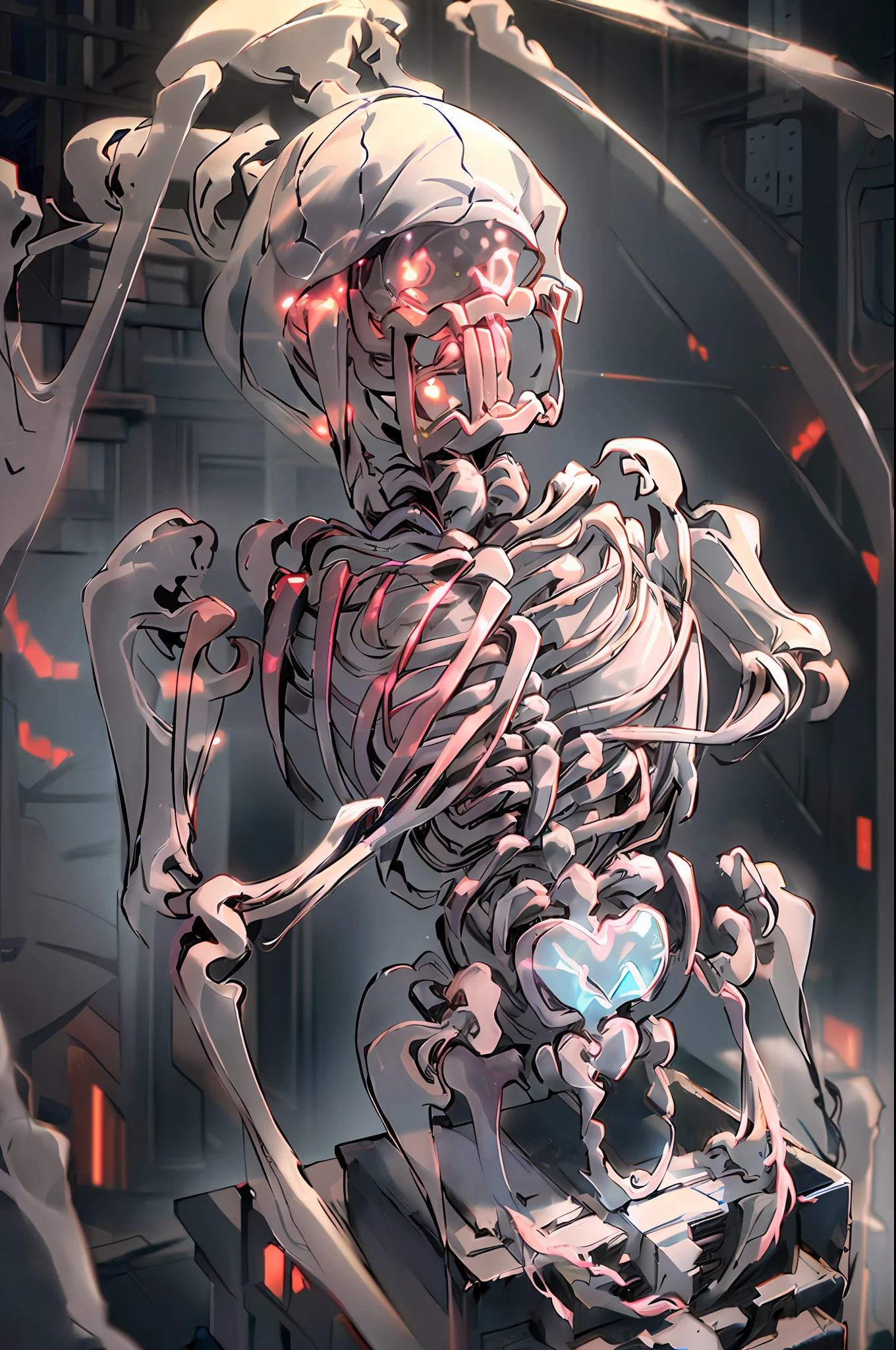 (non-human:1.3), (only skeleton:1.4), (Silver skeleton in transparent crystal case), (stands), ((symmetrical)), (detailed nervous system), neon color, bioluminescent color, vivid colors, perfect composition, hyper-realistic, ultra-detailed, high quality, RAW, RTX, SFX, UHD, UDR, 32K