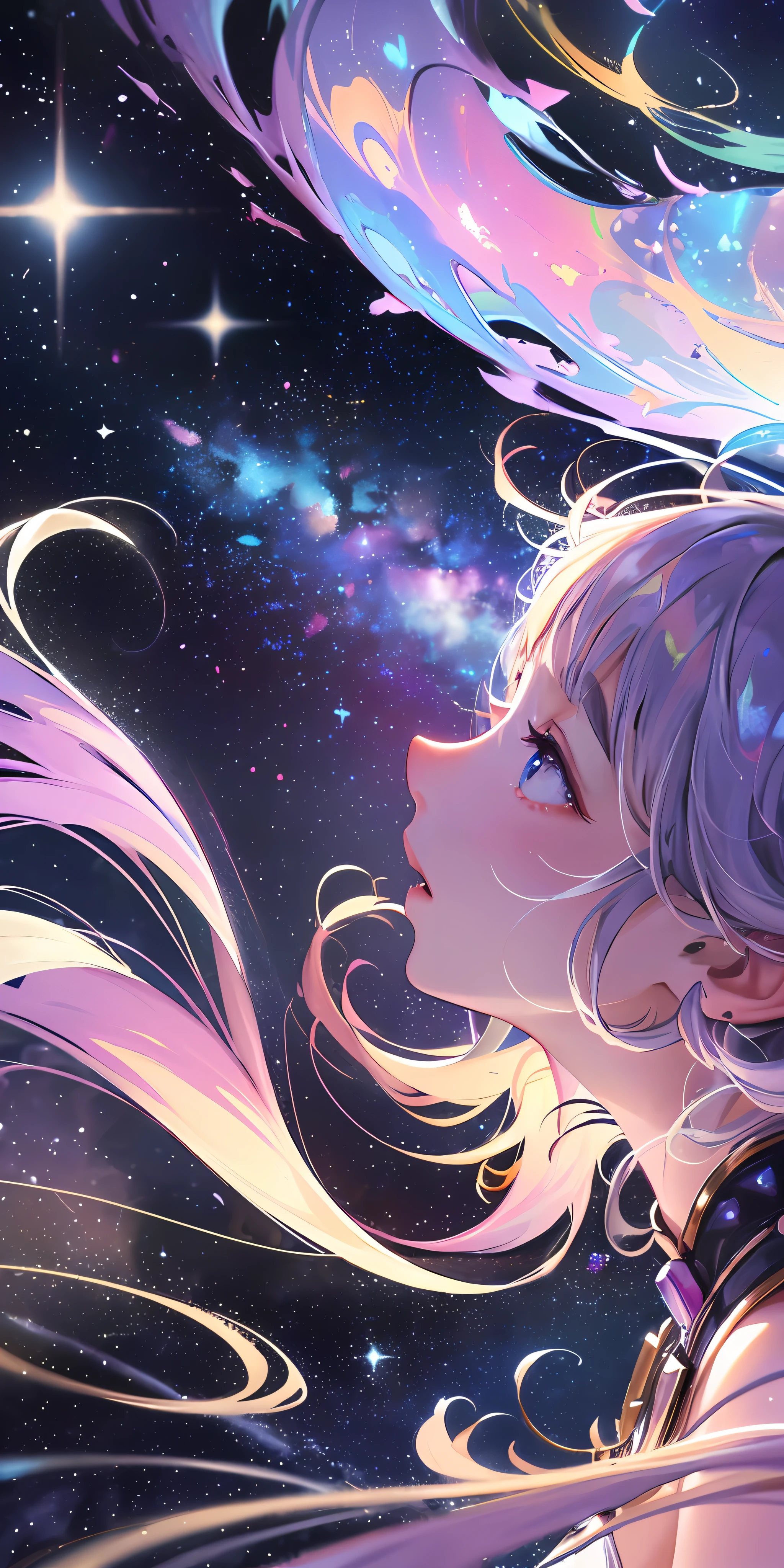 High detail, super detail, super high resolution, girl enjoying her time in the dreamy galaxy, surrounded by stars, warm light sprinkled on her, background with starry sky with white galaxies and galactic clouds, stars flying around her, adding a playful atmosphere , --v6