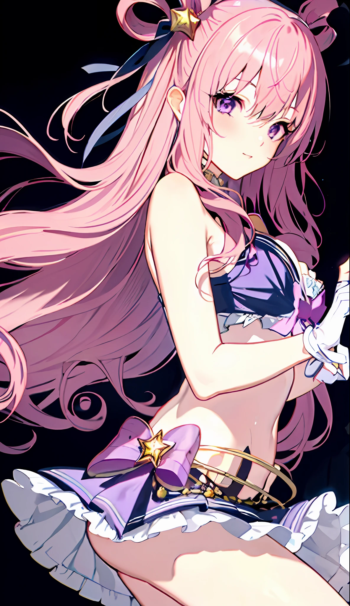 Masterpiece, Top Quality, 8K Animation, Detailed Fingers, Precise Fingers, Non-Unnatural Hands, Illustration, 1 Girl, Solo, Curled Eyes, Rings in Hair, Long Pink Hair, Purple Bikini Bra, Mini Skirt with White Ruffles, White Gloves, Big Purple Eyes, Yellow Bonbons on Both Hands, Hatsune, Gentle Gaze, Dynamic Pose