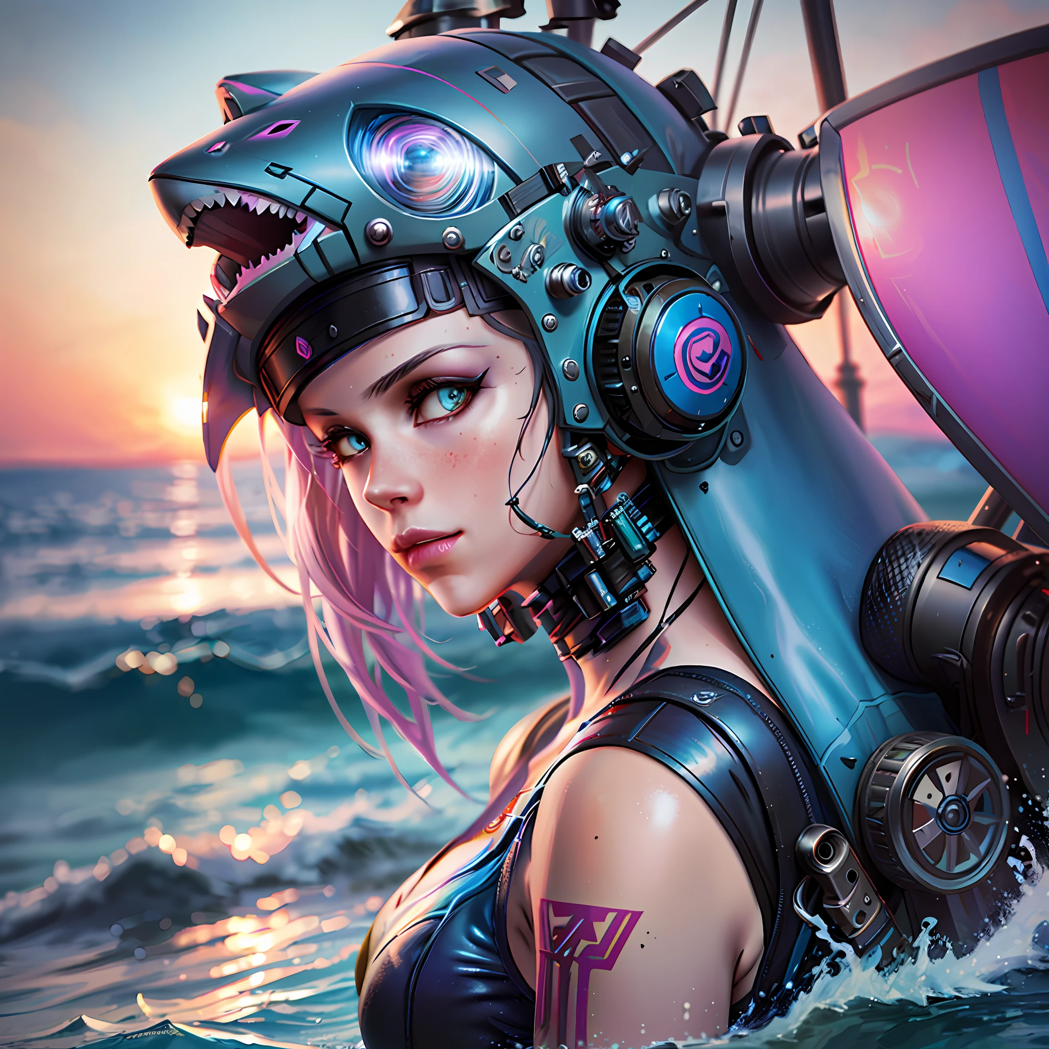 there is a woman in a helmet and a helmet on a boat, portrait of mermaid warrior, alena aenami and artgerm, mermaid cyborg with a laser whip, seapunk mecha, ross tran 8 k, artgerm julie bell beeple, cgsociety inspired, vi from league of legends, deviantart artstation cgscosiety