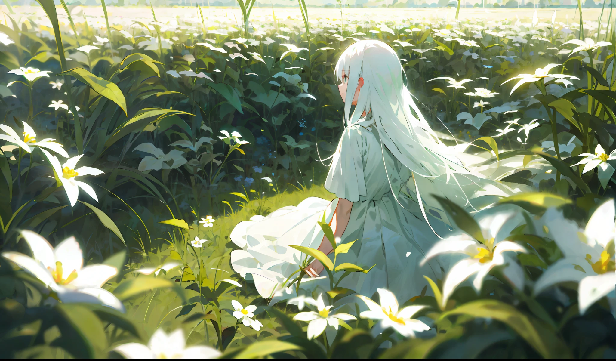 One girl with long white hair sitting in a field of green plants and flowers (masterpiece, top quality), warm lighting, white dress, blurred foreground, back arms,