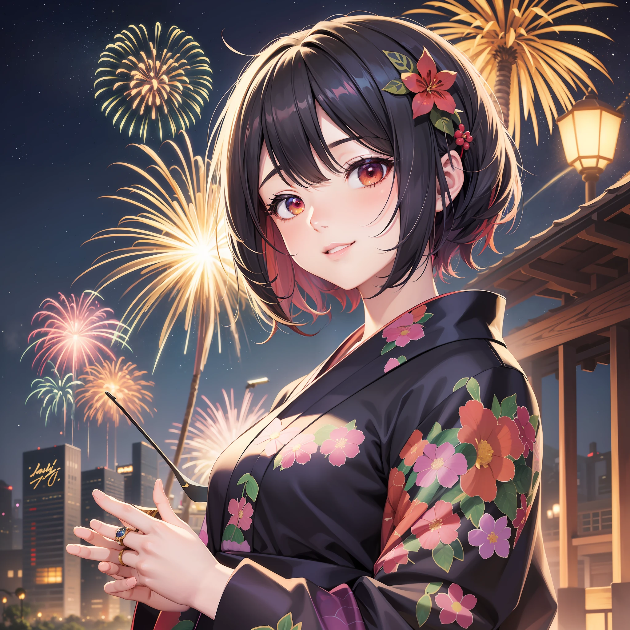Anime girl in dark color bright bob hair, floral yukata, small red jewel ring, big smile, rossdraws pastel vivid, rossdraws cartoon vivid, anime style 4k, beautiful anime portrait, artgerm colorful!!!、! Dream Art Germ, Beautiful Anime Girl, Anime Style Digital Art, Anime Art Wallpaper 4k, Digital Anime Art, Highly Detailed Art Germ, Tanabata Night, Meteor Shower, Summer Landscape, Fireworks