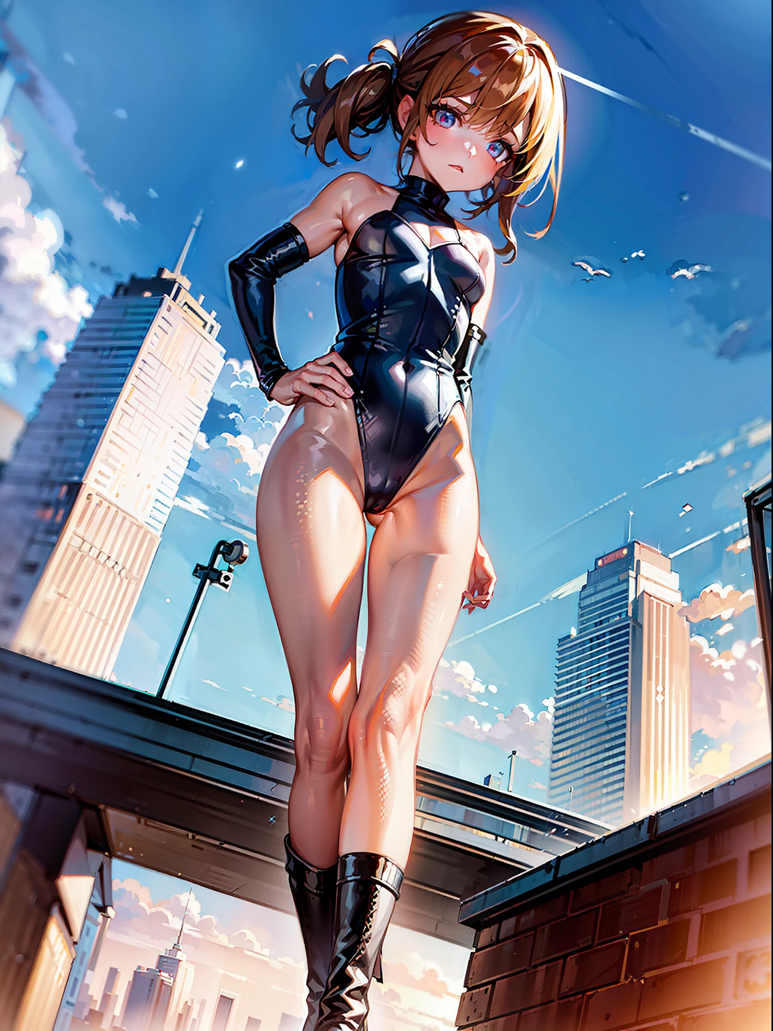 ((masterpiece)), ((best quality)), ((highres)), 1girl, solo, superhero, (leotard, bare legs), matching boots, city backdrop, standing, hands on hip,