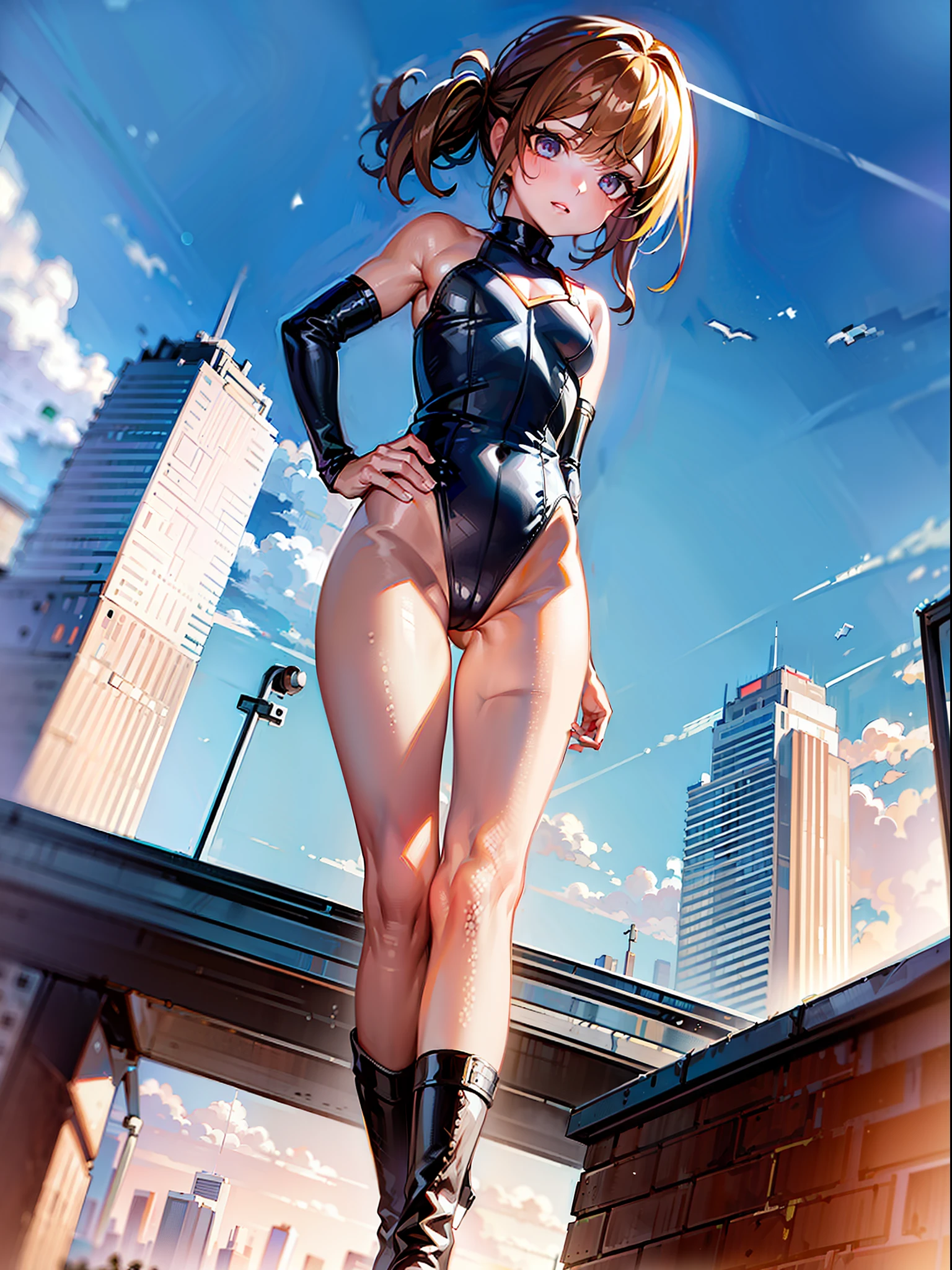 ((masterpiece)), ((best quality)), ((highres)), 1girl, solo, superhero, (leotard, bare legs), matching boots, city backdrop, standing, hands on hip,
